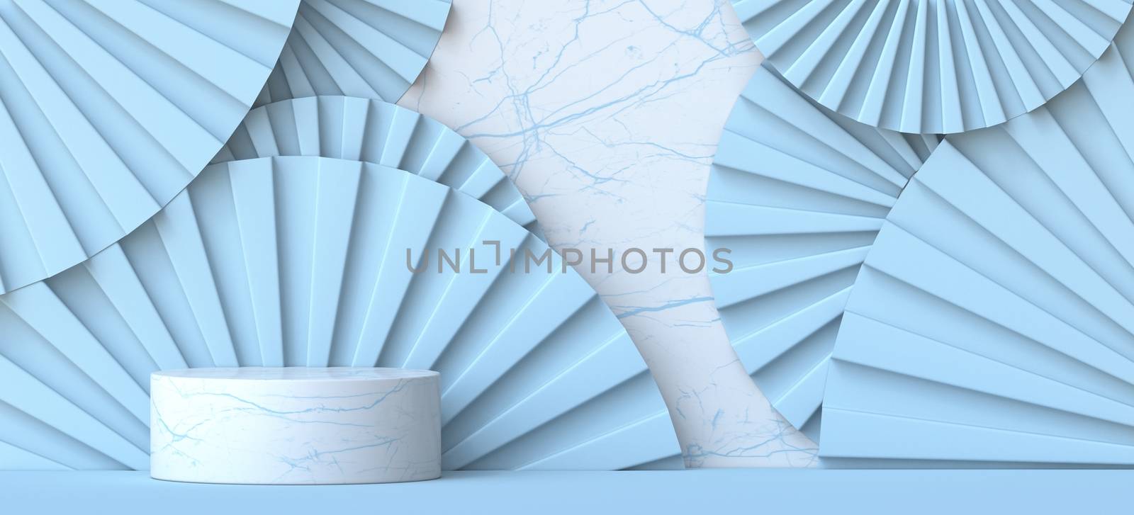 Mock up podium for product presentation with decorative hand fans 3D render illustration on blue background