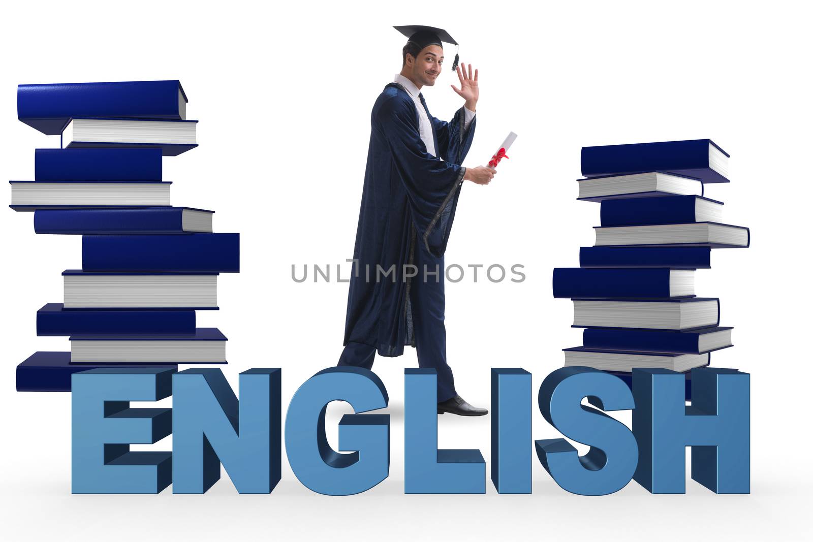Young graduate in english language education concept on white