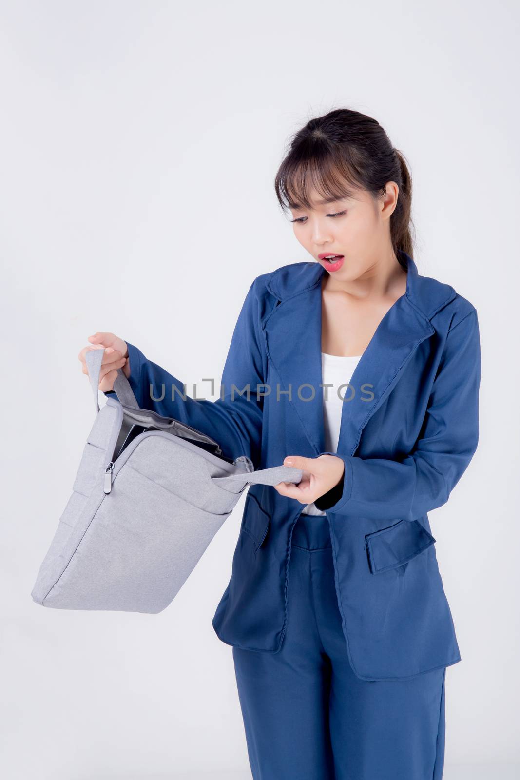 Beautiful portrait young business asian woman holding a briefcase portfolio isolated on white background, confident businesswoman open document case of work and surprise, employee girl is cheerful.