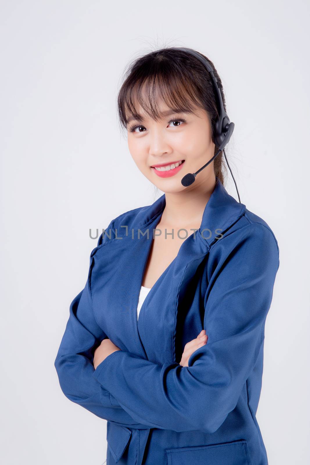 Beautiful portrait young asian business woman customer service job call center in headset isolated on white background, girl speaking assistant in hotline support phone operator, communication concept.