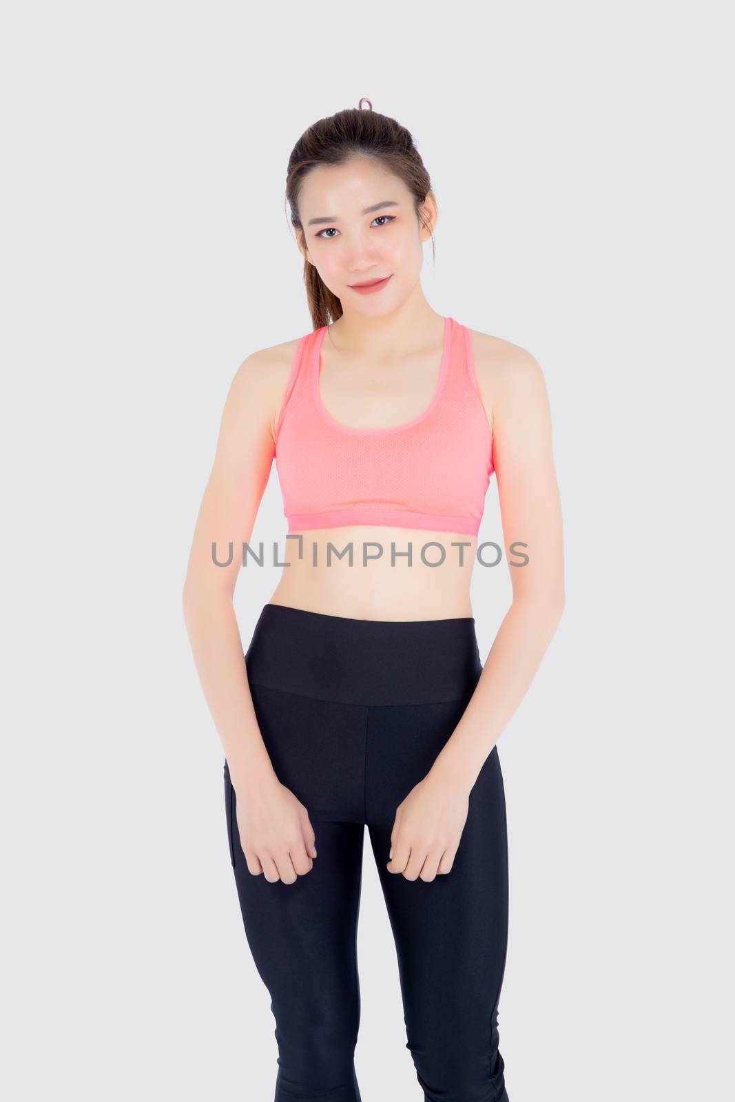 Beautiful portrait young asian woman in sport clothes with satisfied and confident isolated on white background, asia girl cheerful have shape and wellness, exercise for fit with health concept.