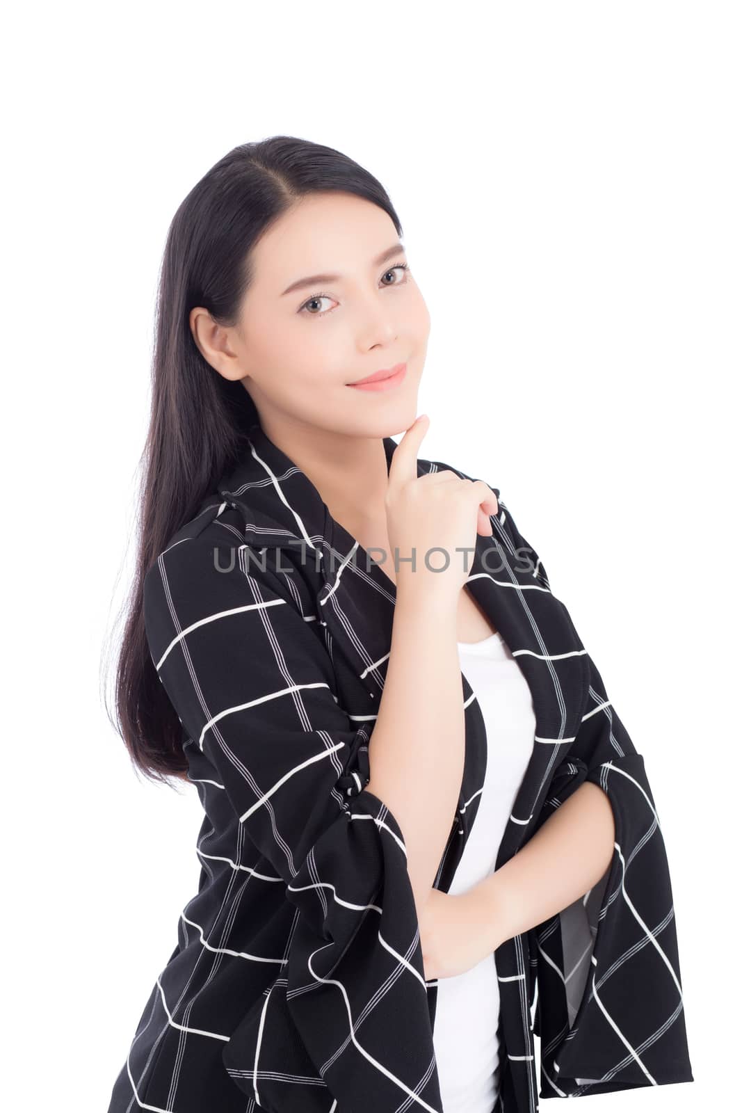 Portrait of beautiful woman asian makeup of cosmetic, girl hand touch chin and smile attractive, face of beauty perfect with wellness isolated on white background with skin healthcare concept.