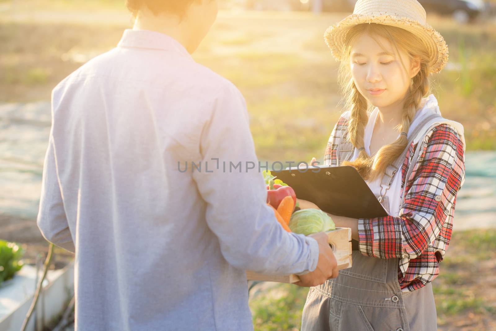 Young asian woman checking vegetable organic hydroponic farm and man harvest picking up fresh vegetable, girl writing record document grow of leaf for quality produce, small business owner concept.