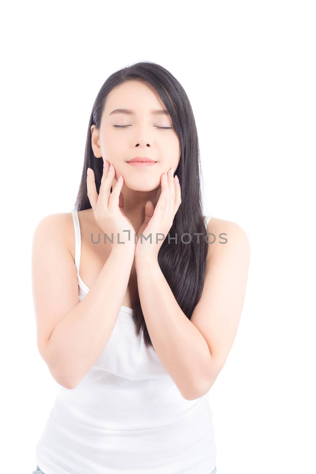 Portrait of beautiful woman asian makeup of cosmetic, girl hand touch cheek and smile attractive, face of beauty perfect with wellness isolated on white background with skin healthcare concept.