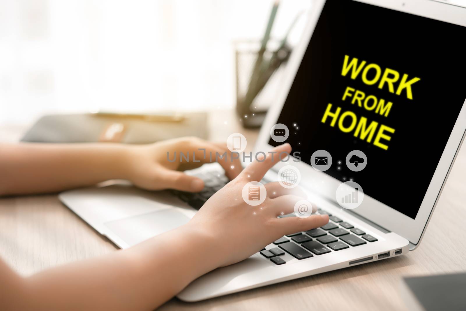 Work from home business concept, protection pandemic of covid-19 with quarantine and work at home, communication and internet, social distancing for protective infection and outbreak of coronavirus.