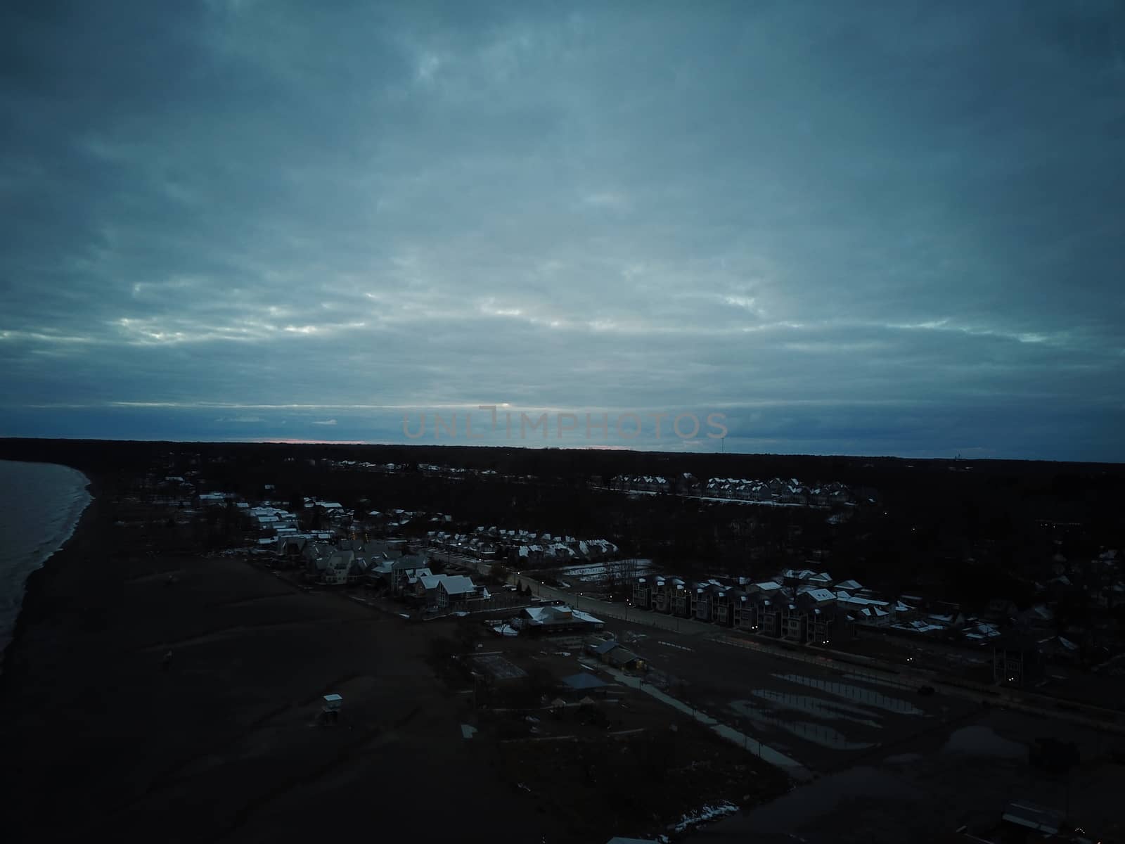 aerial view of the town of Port Stanley Ontario during a winter night. High quality photo