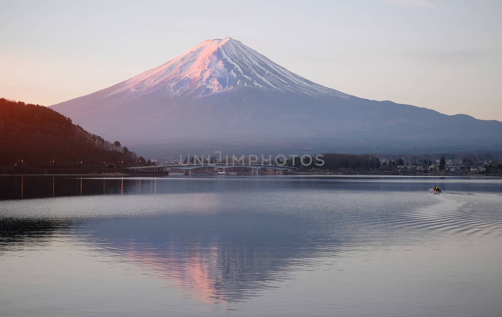 Beautiful sunrise view of  Mountain Fuji and Lake Kawaguchiko in Japan