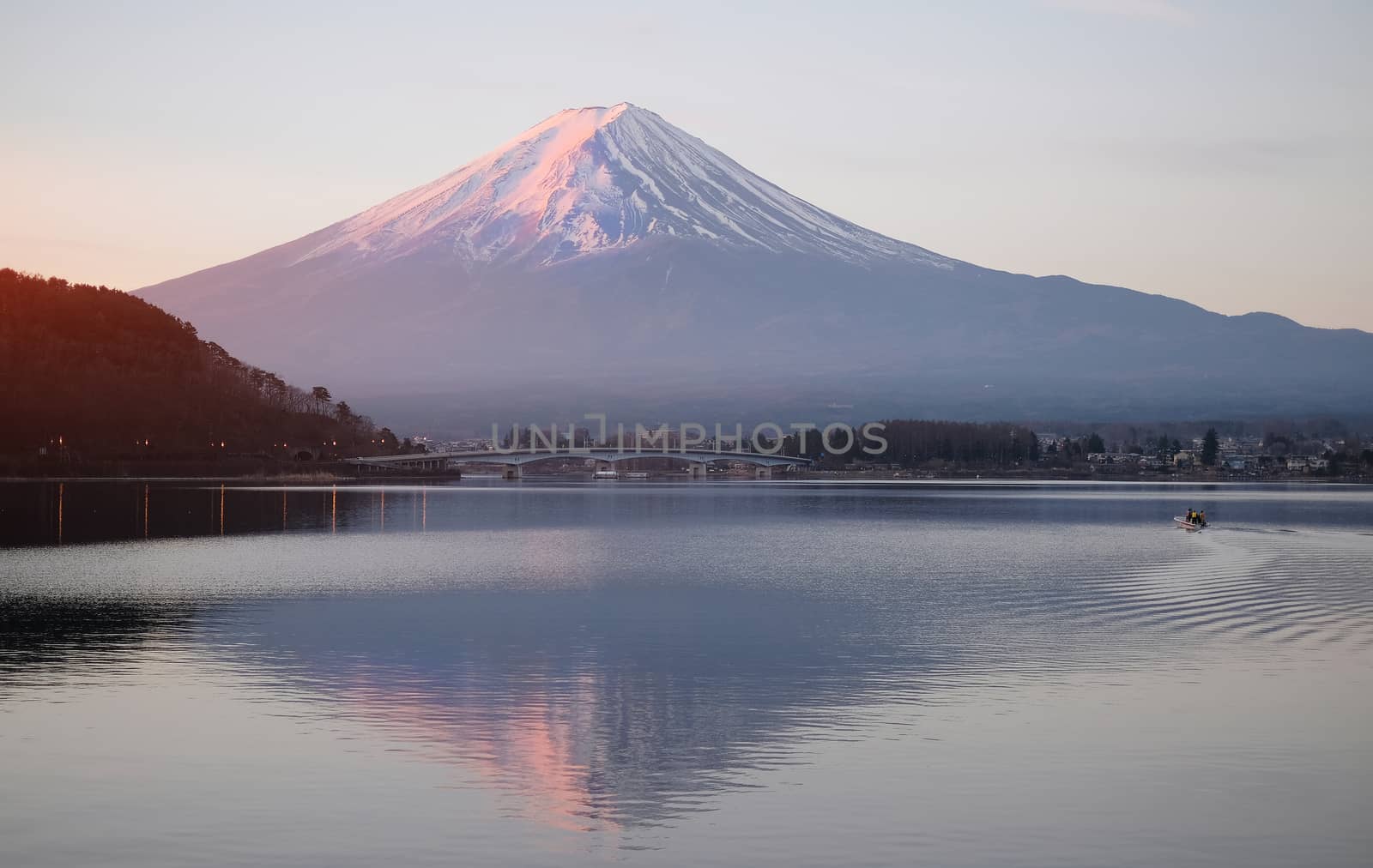 Beautiful sunrise view of  Mountain Fuji and Lake Kawaguchiko in by Surasak