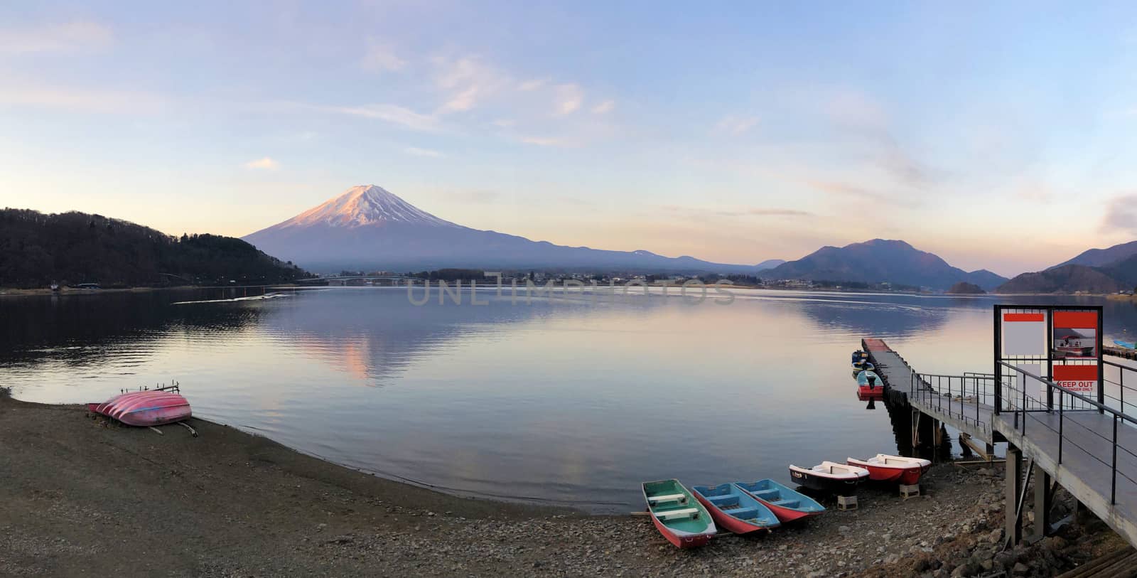 Panaromic sunrise beautiful view of  Mountain Fuji and Lake Kawaguchiko in Japan