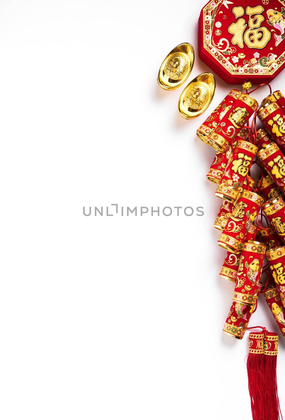 The Chinese new year festival, Top view flat lay happy Chinese new year or lunar new year decorations celebration with copy space on white background (Chinese character "fu" meaning fortune good luck)
