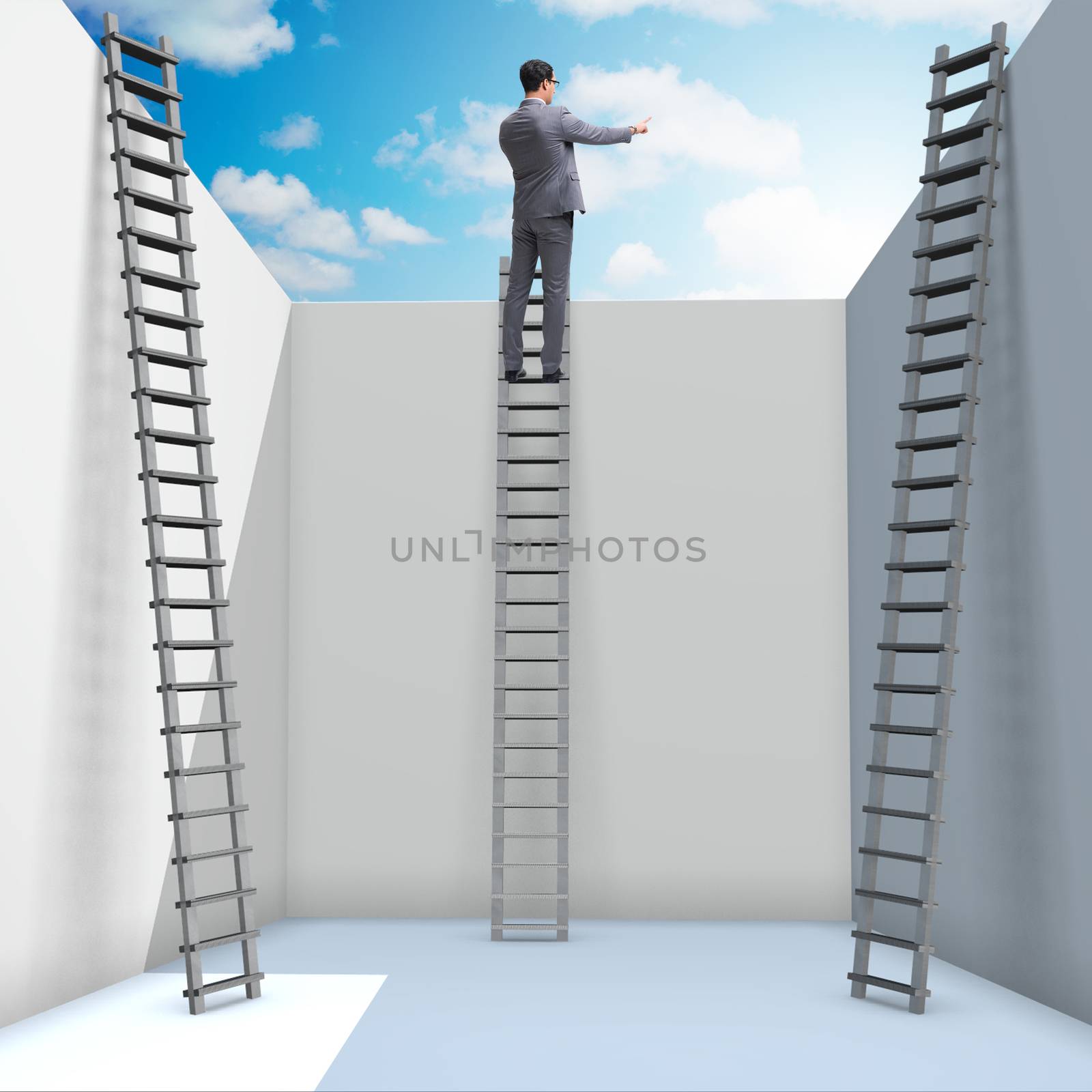 Businessman climbing a ladder to escape from problems