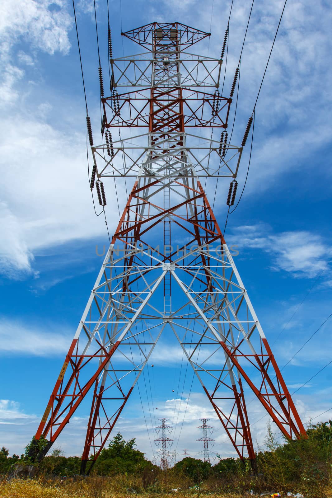 high voltage voltage tower sky background.