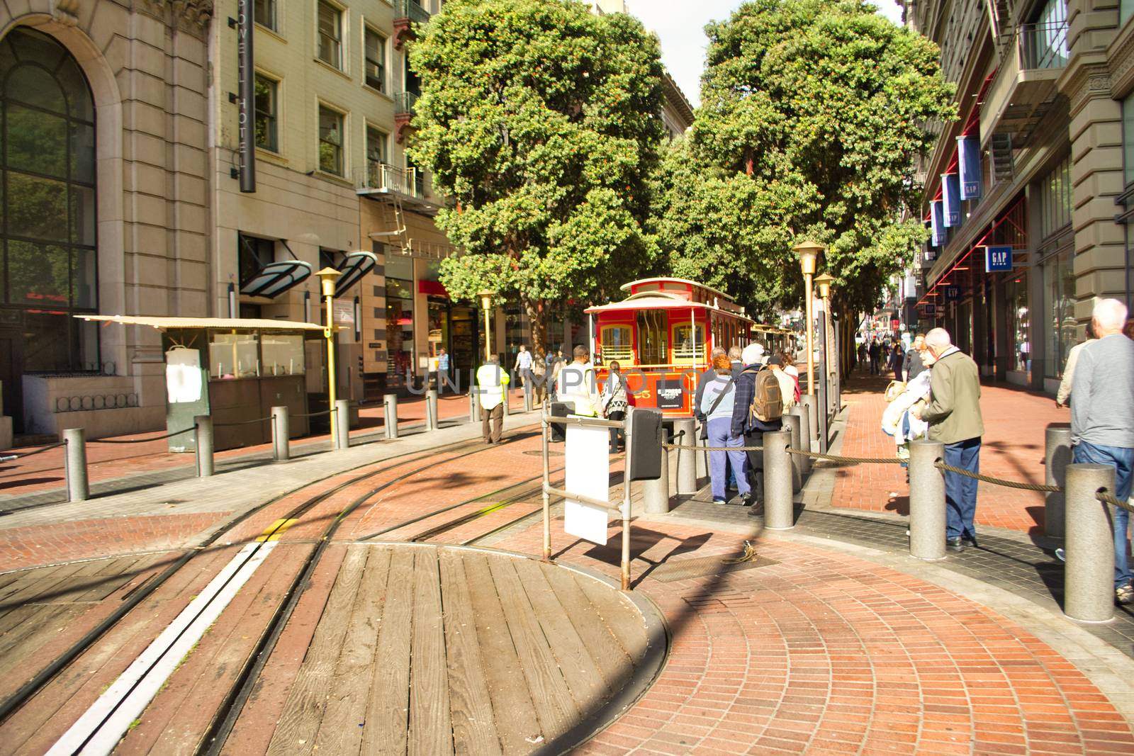 San Francisco, USA, November 2013: Street view on historical cable car tracks in San Francisco, California, United States