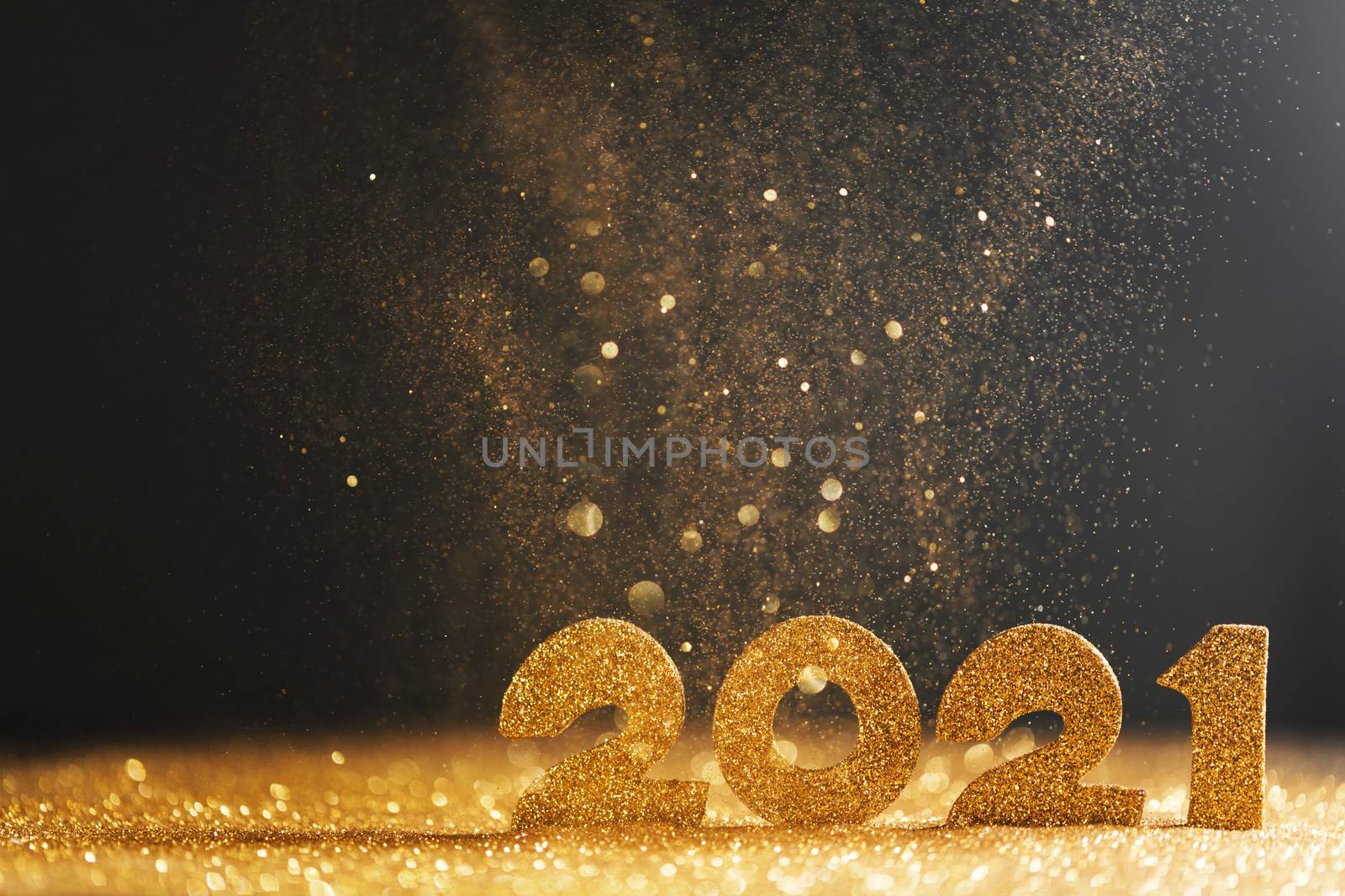 2021 New Year luxury design concept. Golden 2021 New Year horizontal template with golden glitter on blue backgound