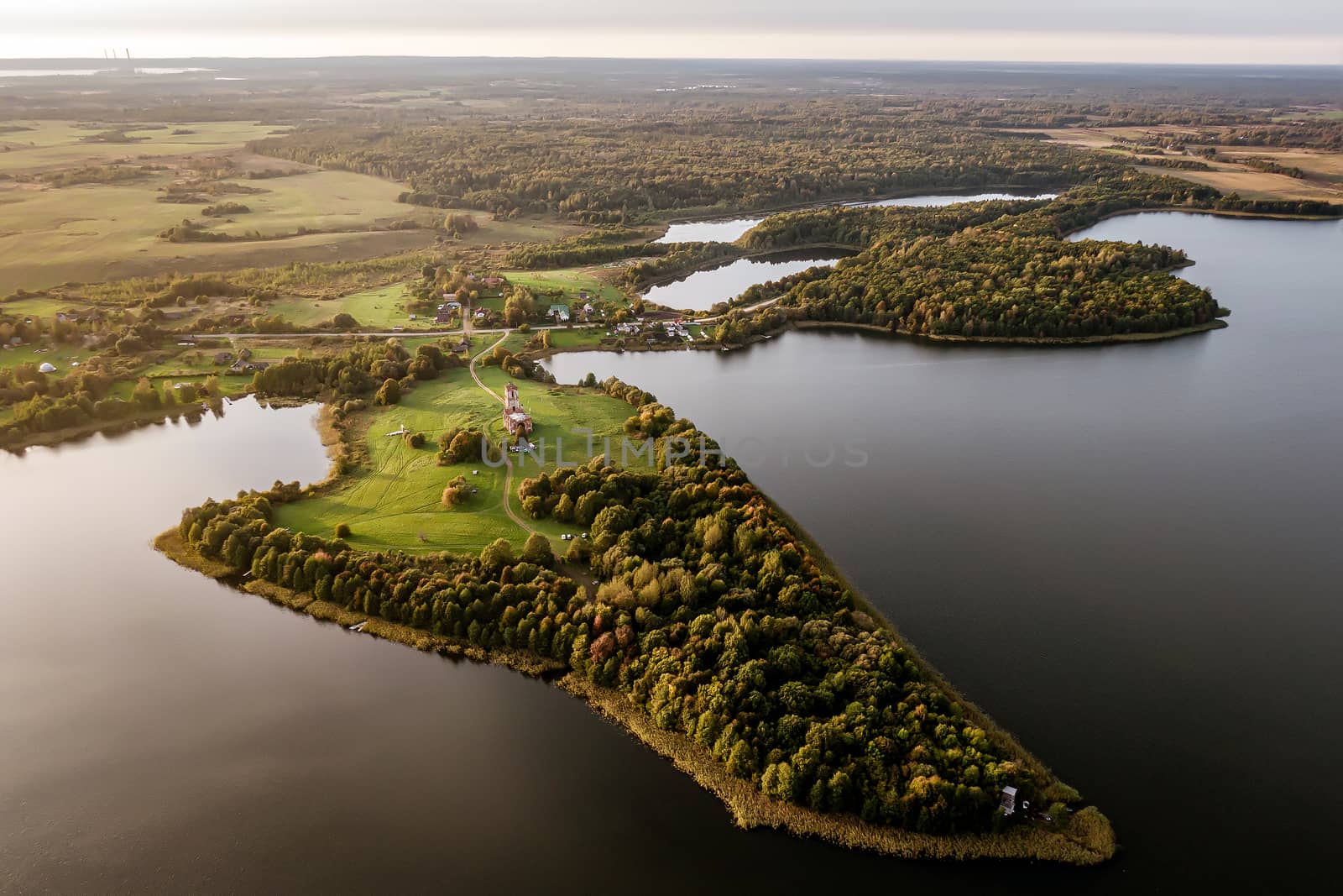 Peninsula at sunset. Drone shot