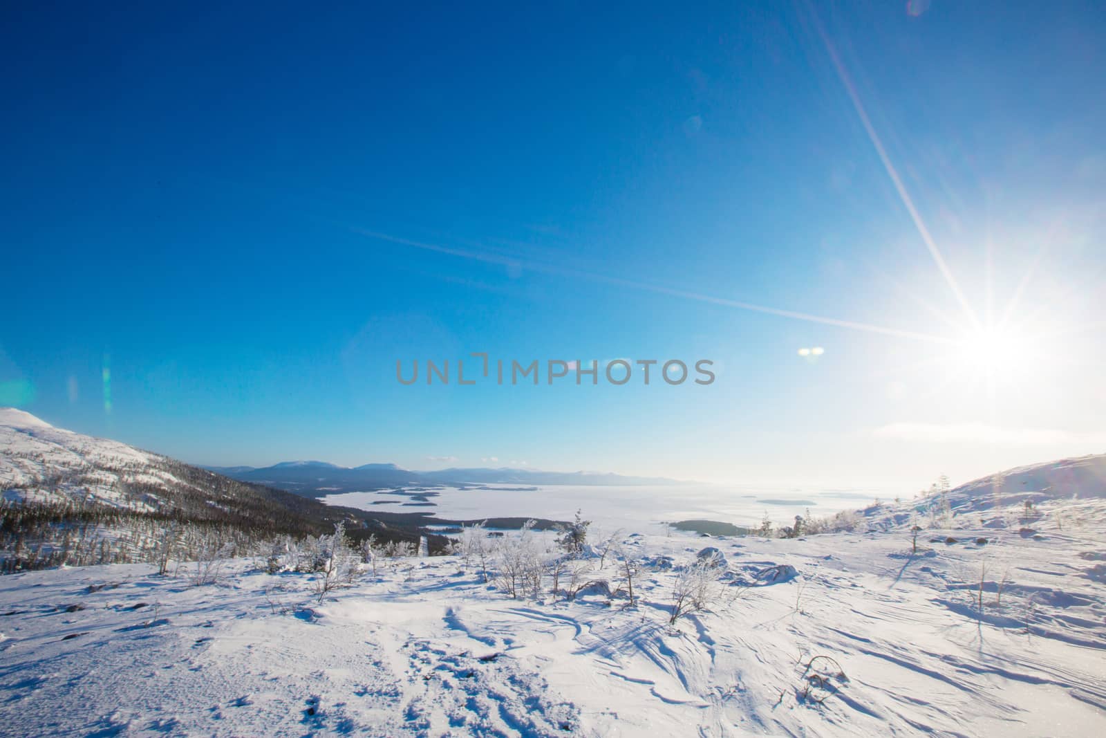 Winter panoramic view at White sea and mountains near Kandalaksha Russia , ?ross mountain