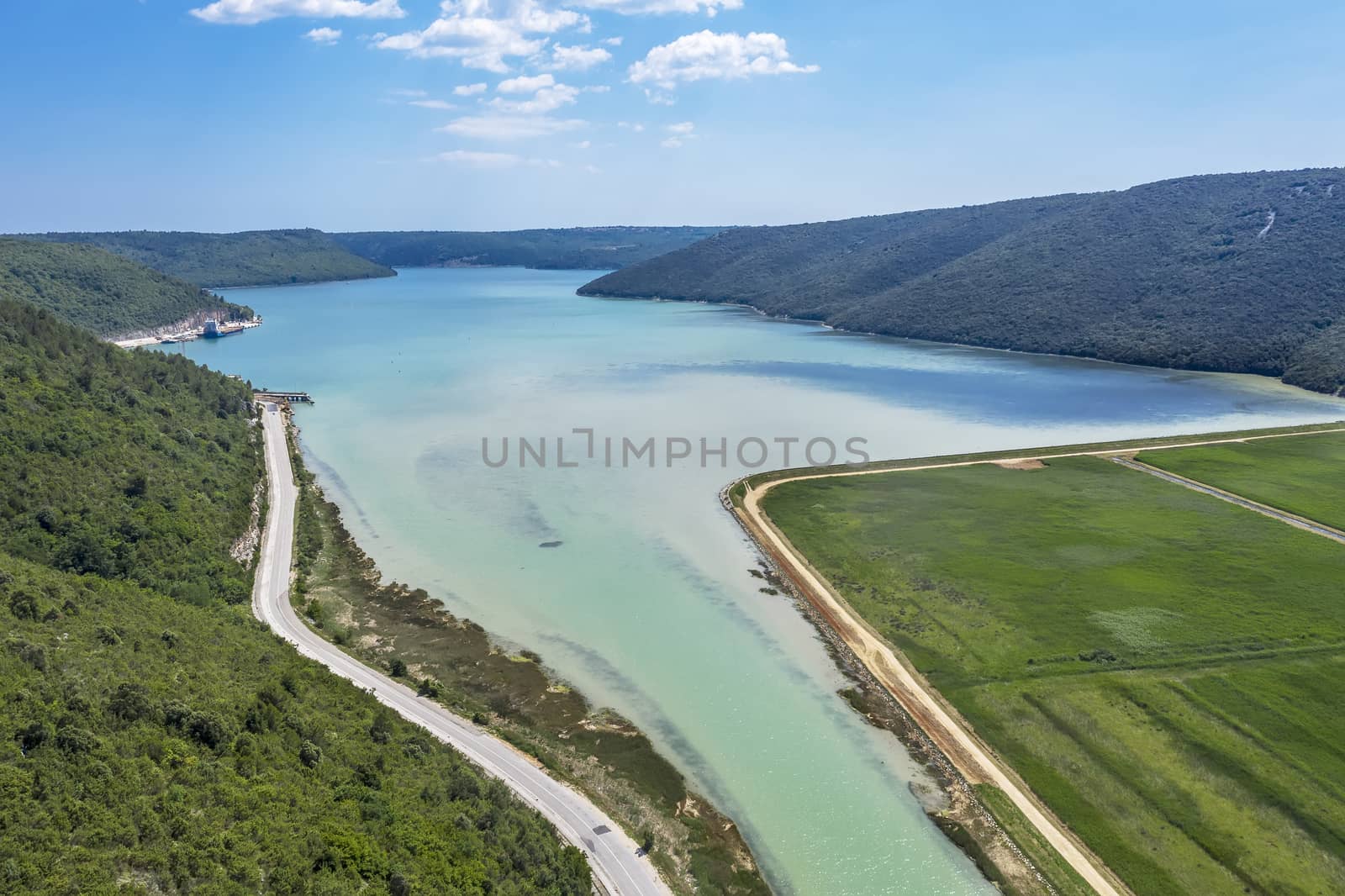 an aerial view of Rasa bay, place of inflow river Rasa in Adratic sea, Istria, Croatia