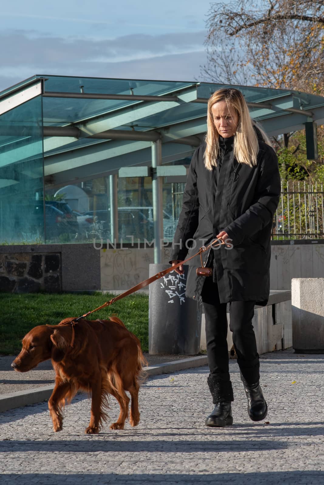 11/20/2020. Prague, Czech Republic. People during quarantine period due to coronavirus at Hradcanska metro stop in Prague. Woman carrying a dog..
