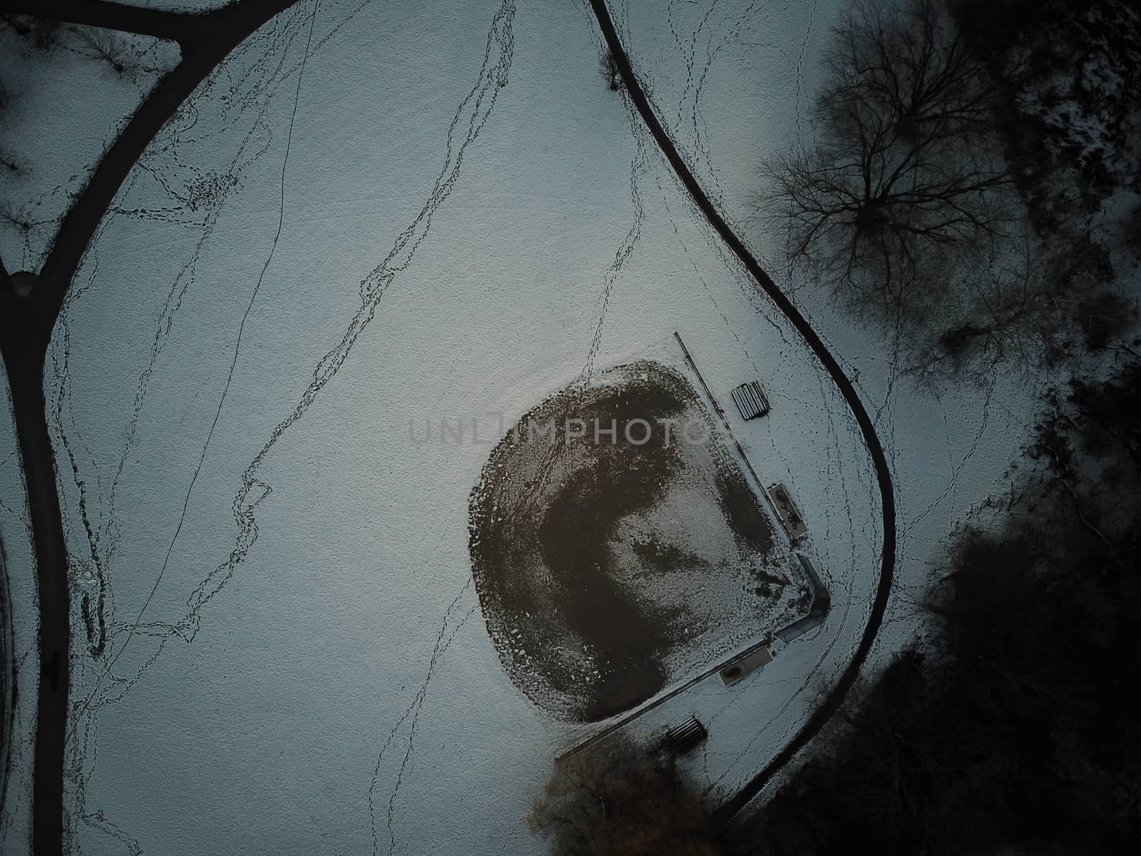 aerial photo of a baseball diamond in the winter by mynewturtle1
