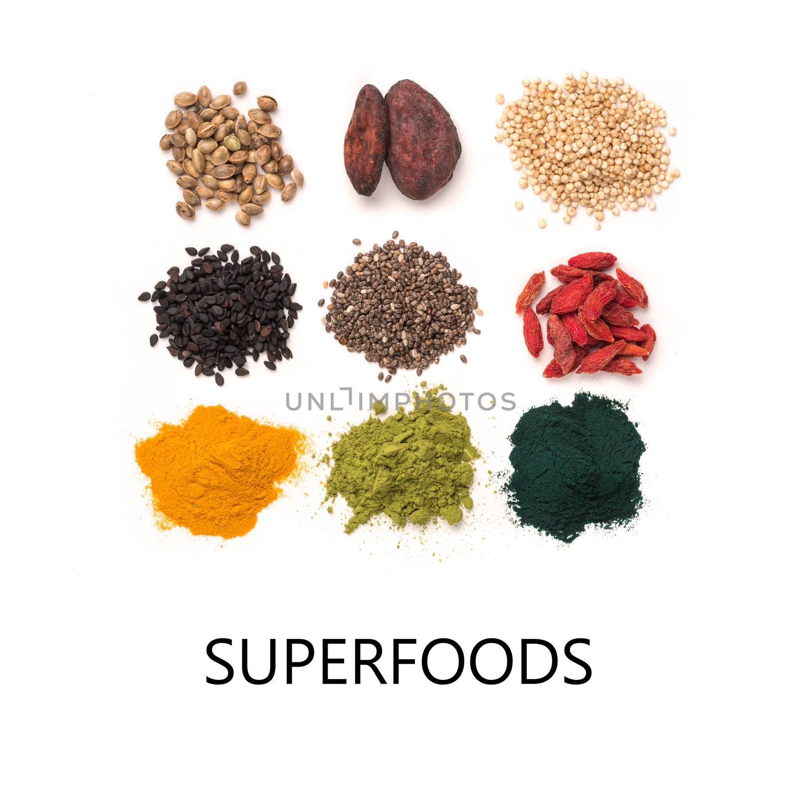 Small heap of various superfoods isolated on white background. Superfood as chia, spirulina, matcha tea powder, raw cocoa bean, goji, hemp, quinoa, black sesame, turmeric. Copy space for text.Top view