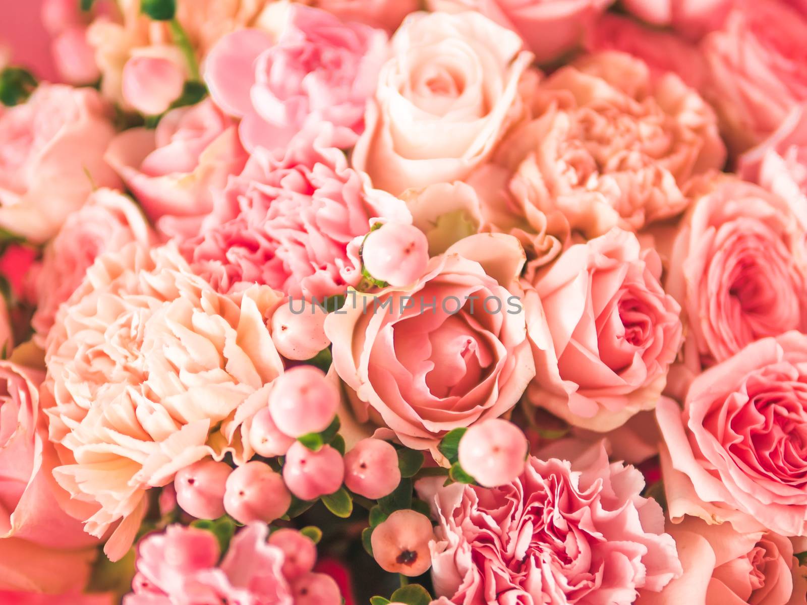 Extreme close up view of nice subtle delicate pink bouquet with roses, dianthus, hypericum, clove. Shallow DOF. Copy space for text.