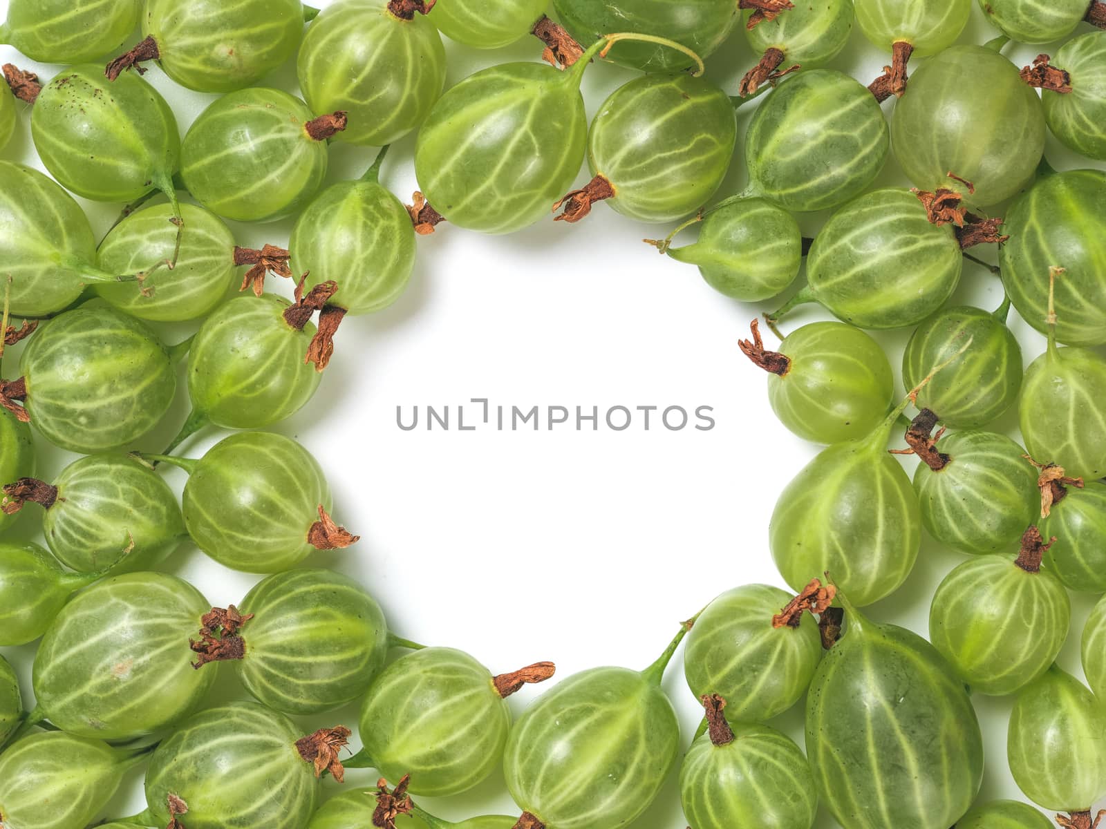 Ripe green gooseberry pattern. Creative layout made of organic gooseberries. Isolated on white with clipping path. Top view or flat lay. Copy space for text in center. Food concept.