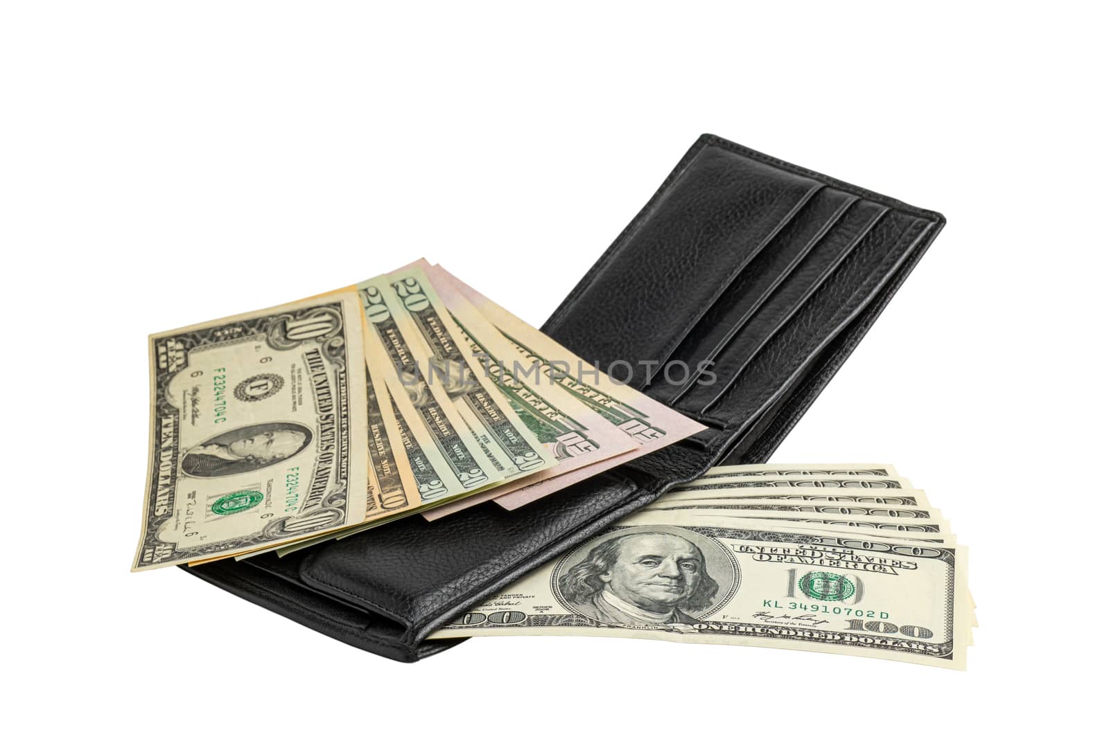 Wallet with banknotes. Paper money in wallet isolated on white background. National currency of the USA.