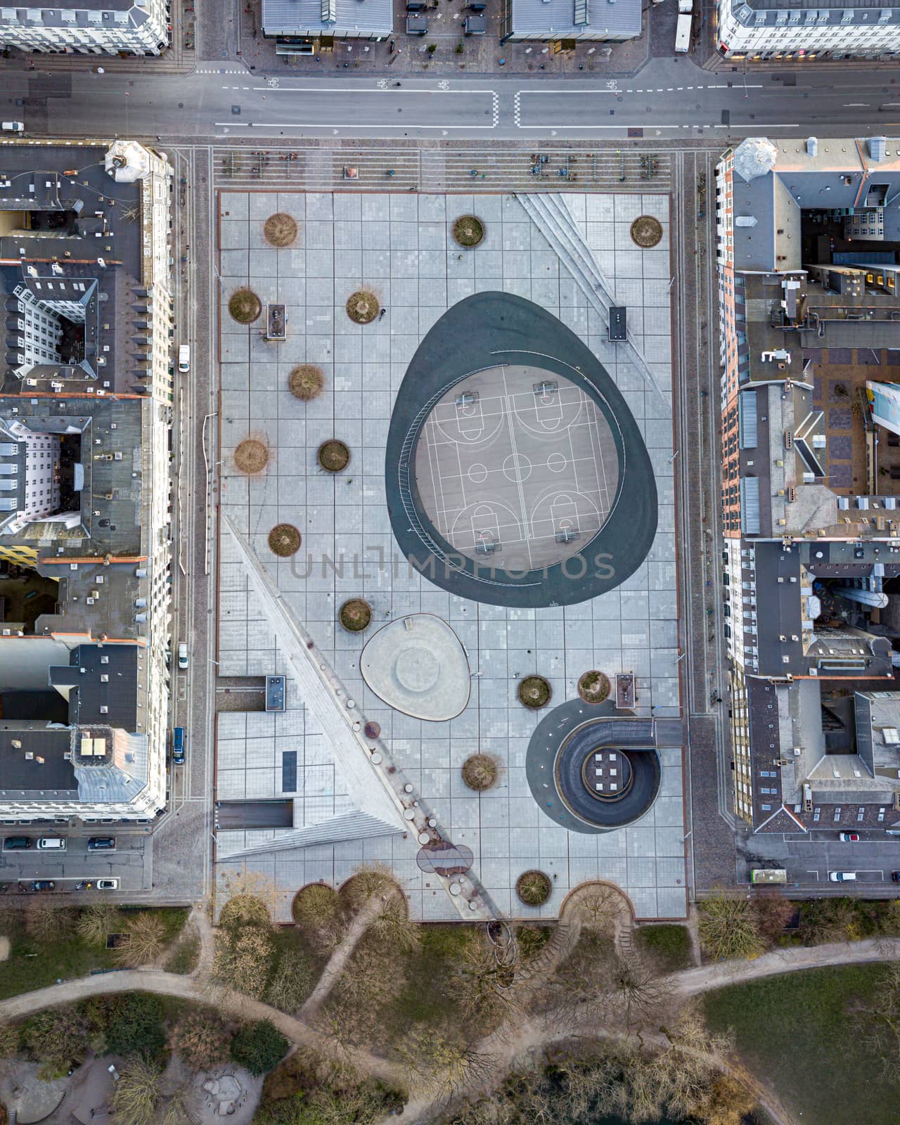 Copenhagen, Denmark - March 31, 2020: Aerial drone view Israels Plads and the market halls.