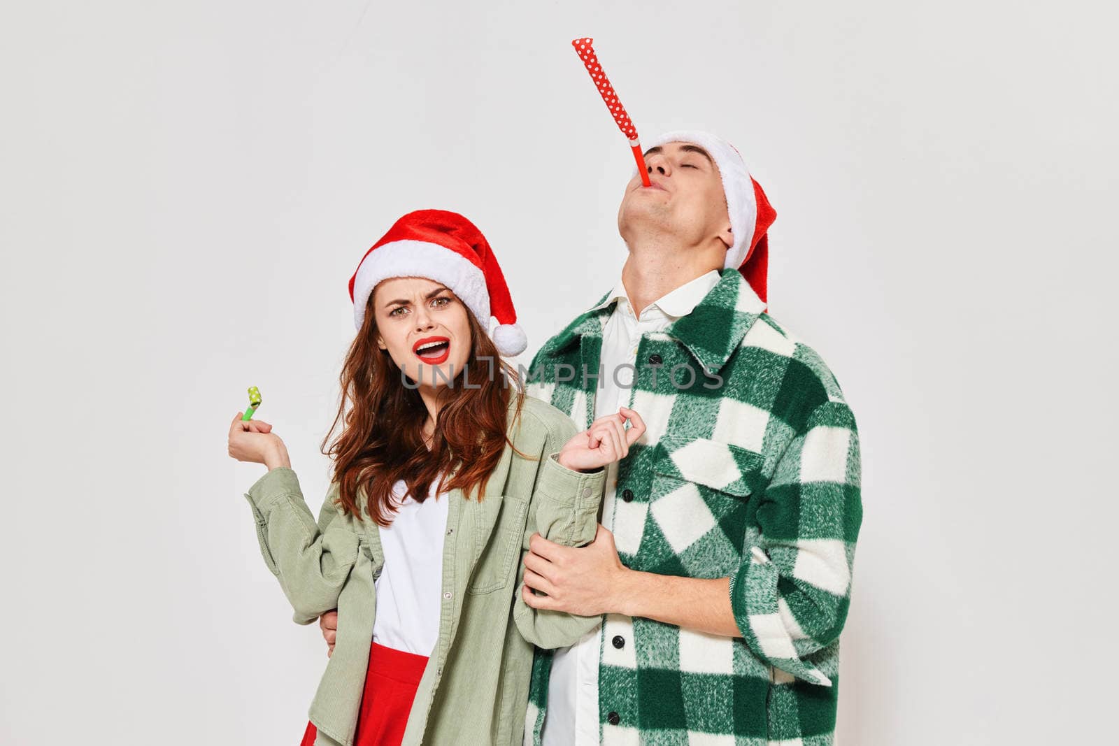 Cheerful man and woman holiday relationship friendship gifts fashion by SHOTPRIME