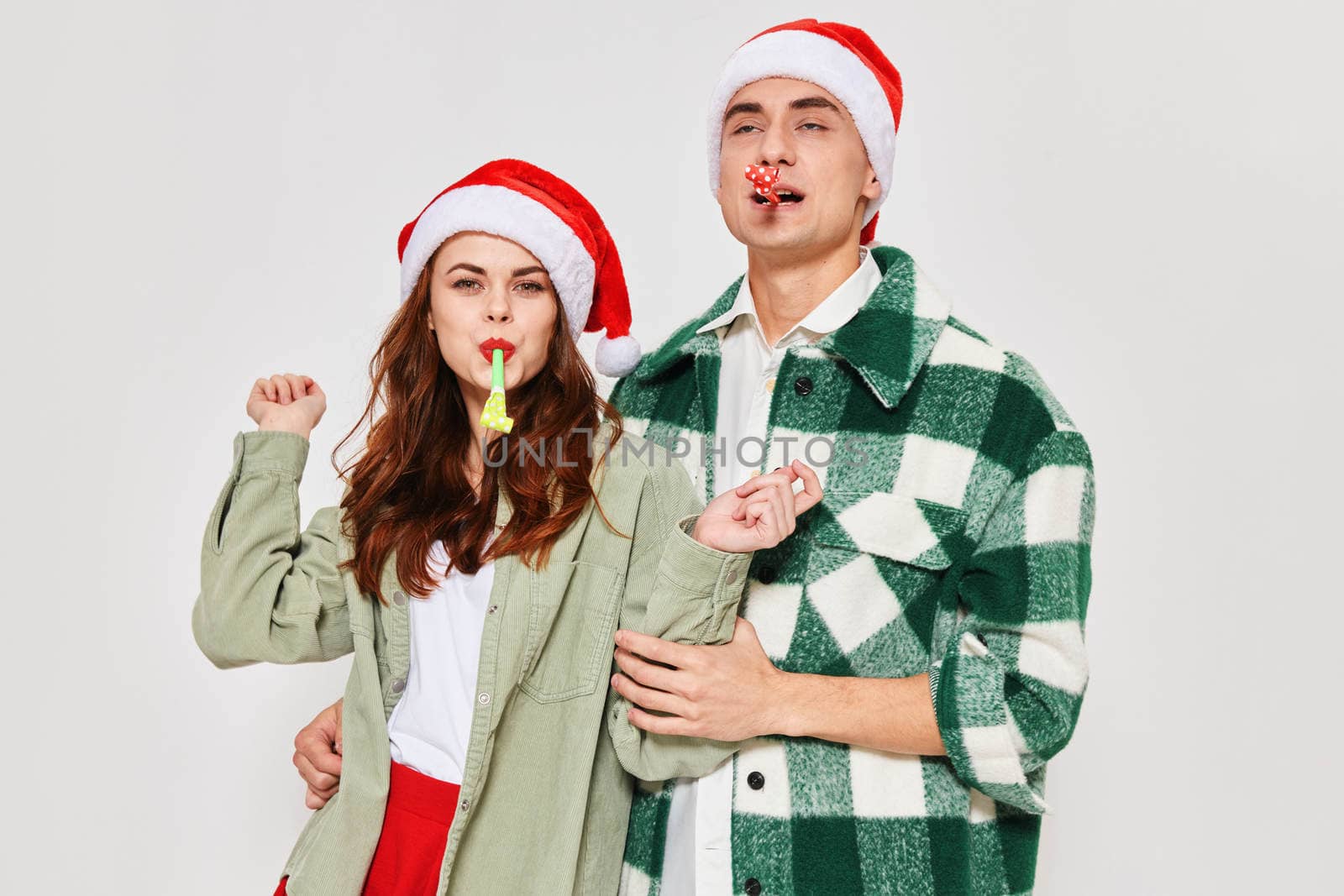 Man and woman hug friendship holiday Christmas fashion by SHOTPRIME