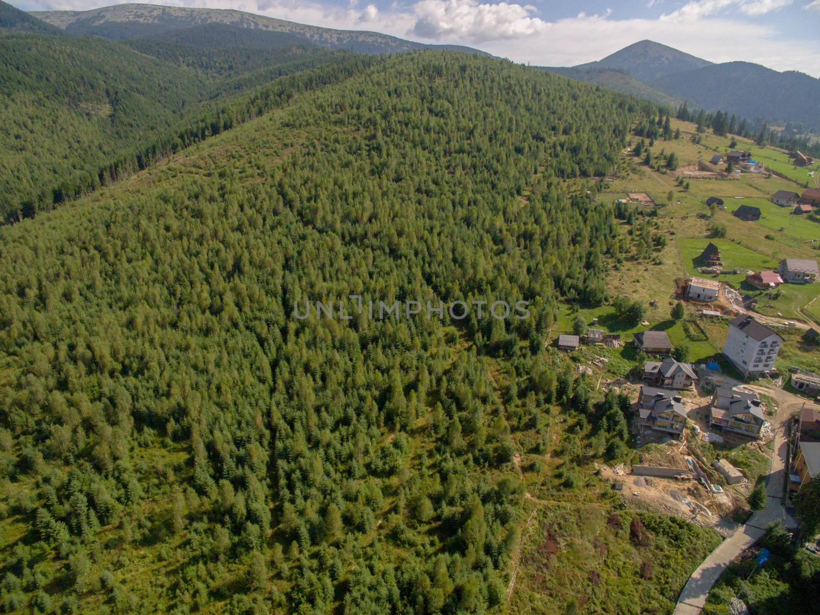 Aerial View of Great Green Ridge. Wooded Mountain Landscape