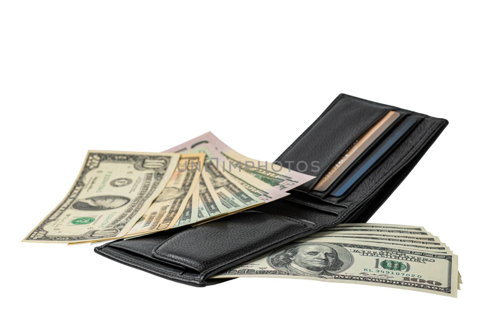 Wallet with banknotes and credit cards. Paper money in wallet isolated on white background. National currency of the USA.