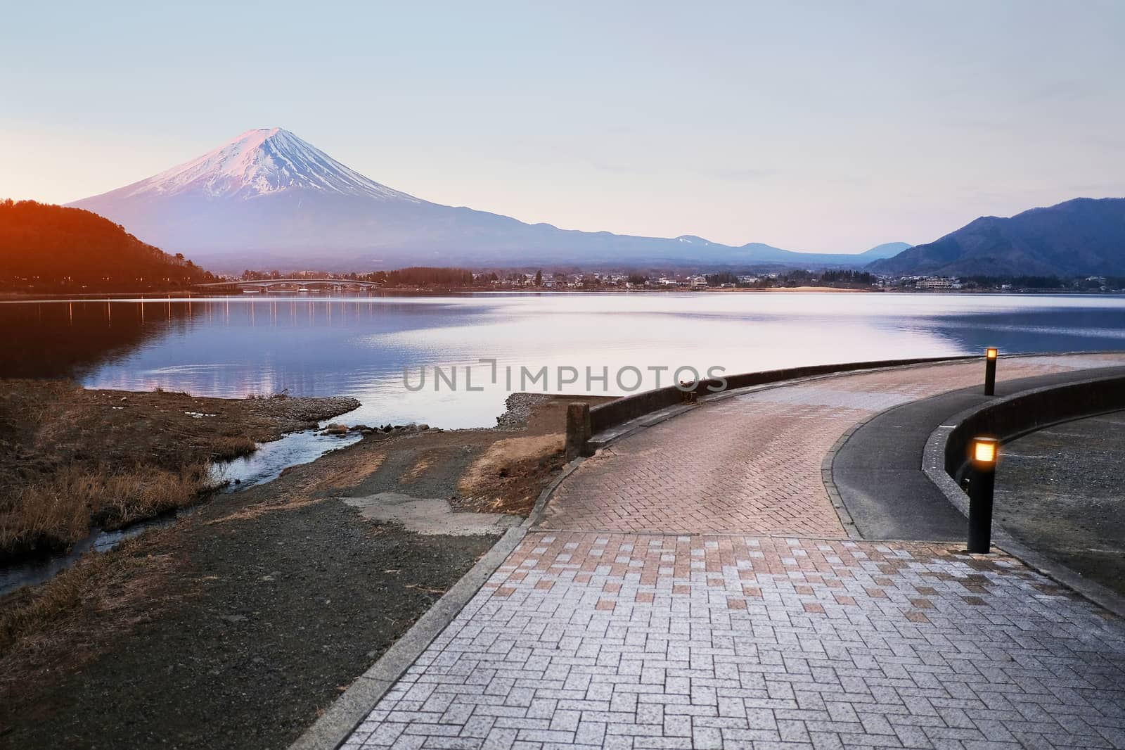 Beautiful sunrise view of  Mountain Fuji and Lake Kawaguchiko in Japan