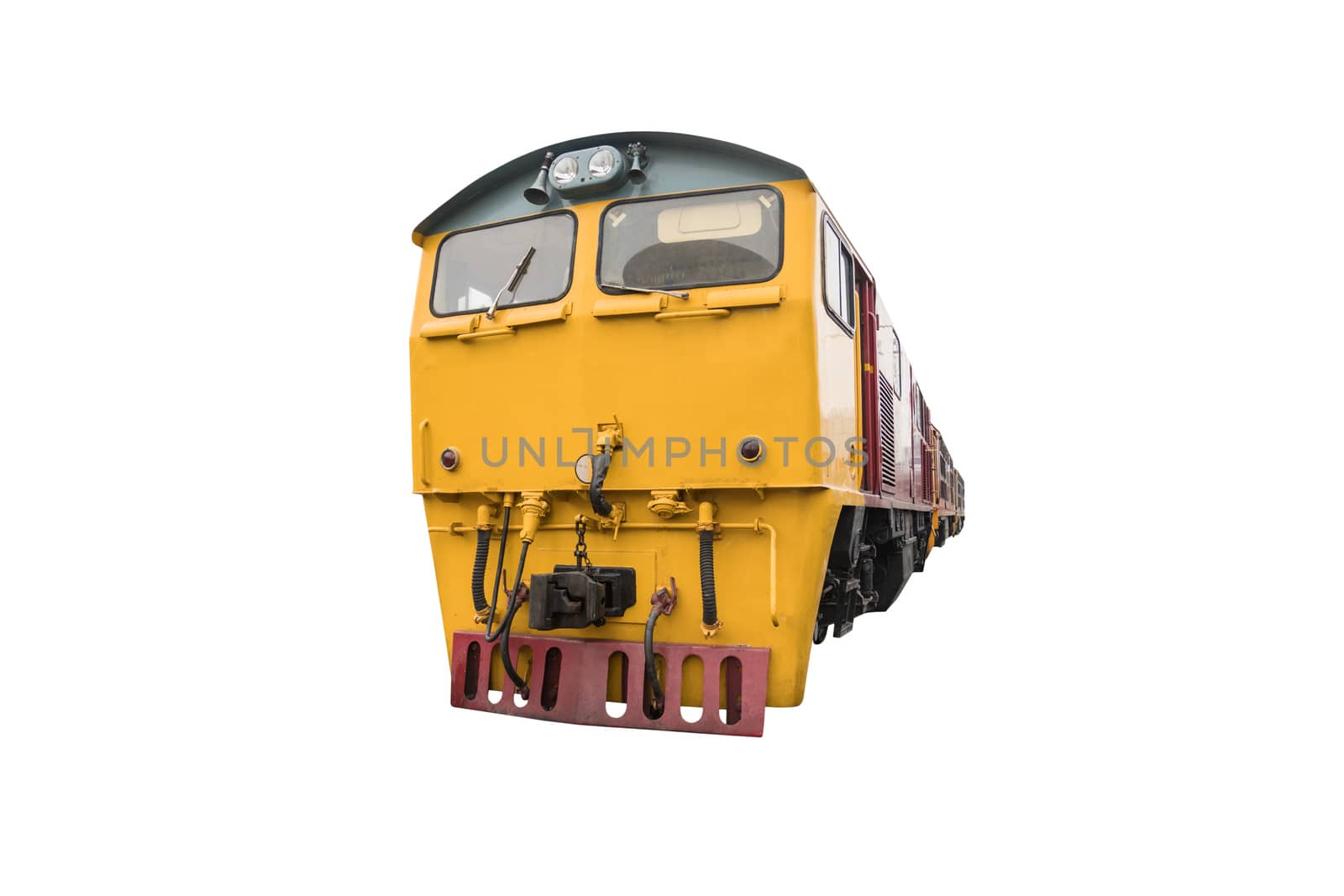 head train hauled diesel electric locomotive with isolated white background  