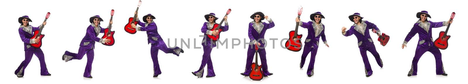 Man in funny clothing holding guitar isolated on white by Elnur