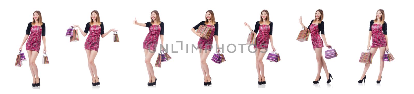 Woman with shopping bags isolated on white