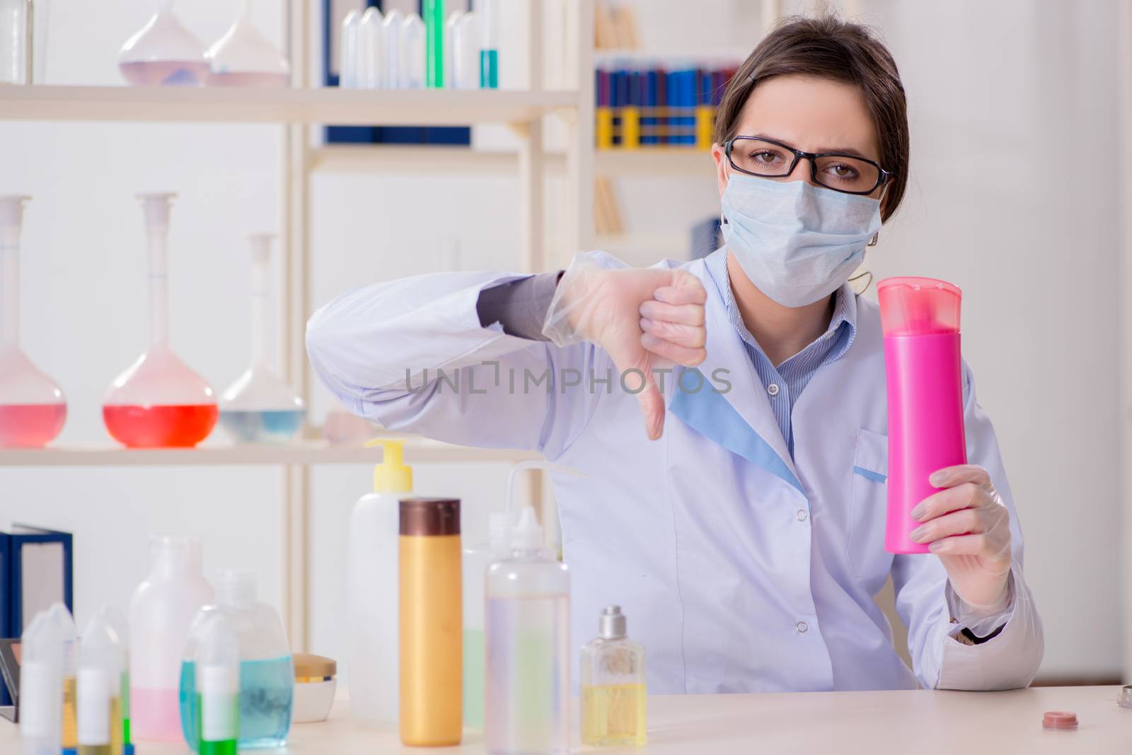 Lab chemist checking beauty and make-up products