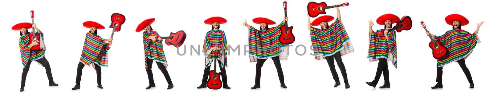Mexican in vivid poncho holding guitar isolated on white by Elnur