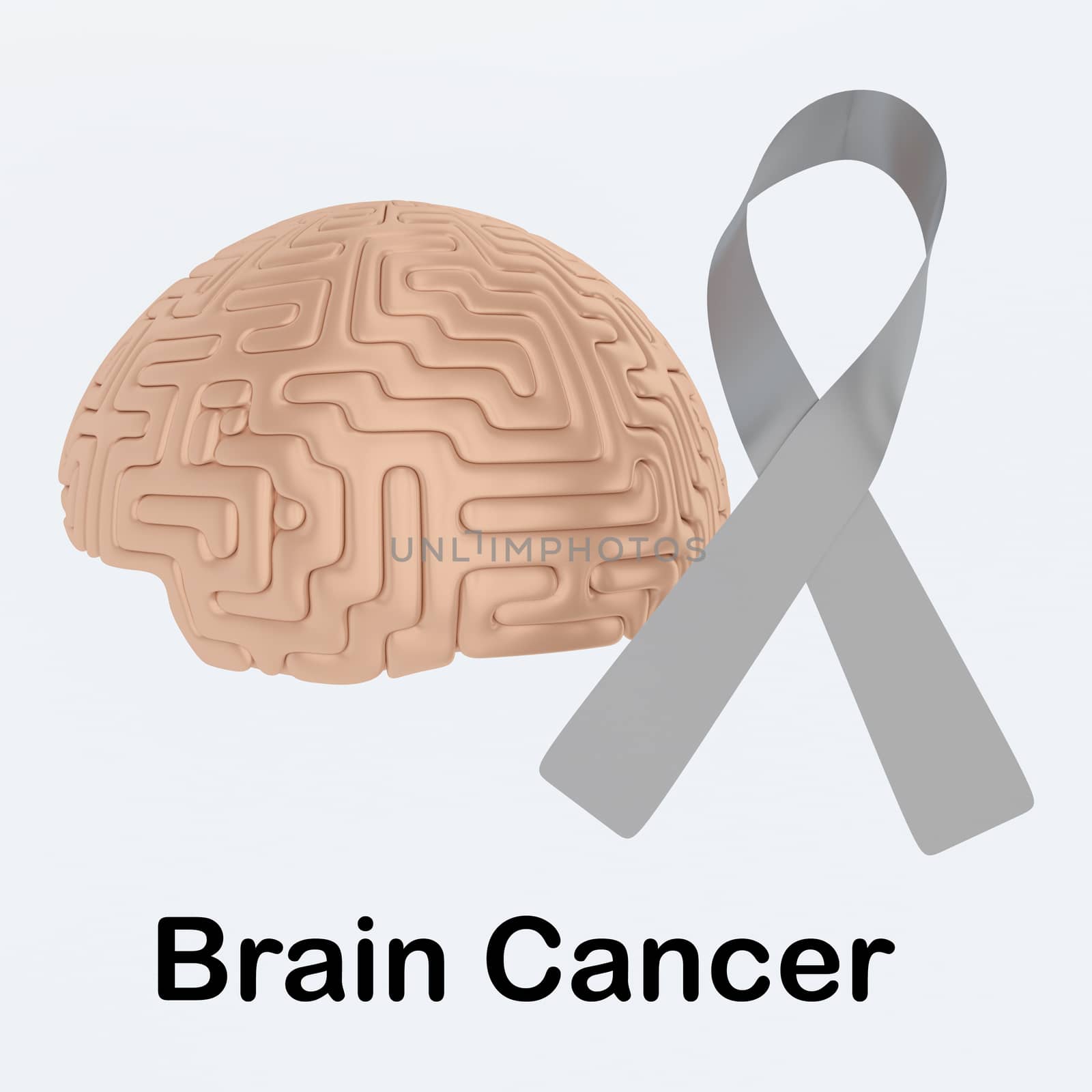 3D illustration BRAIN CANCER script below an awareness ribbon of lung cancer and human brain, isolated over pale blue background.