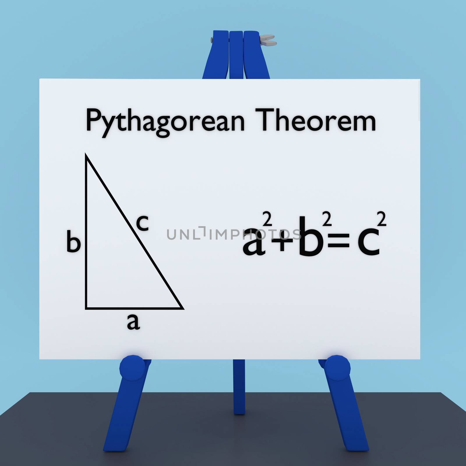 3D illustration of Pythagorean Theorem title on a tripod display board