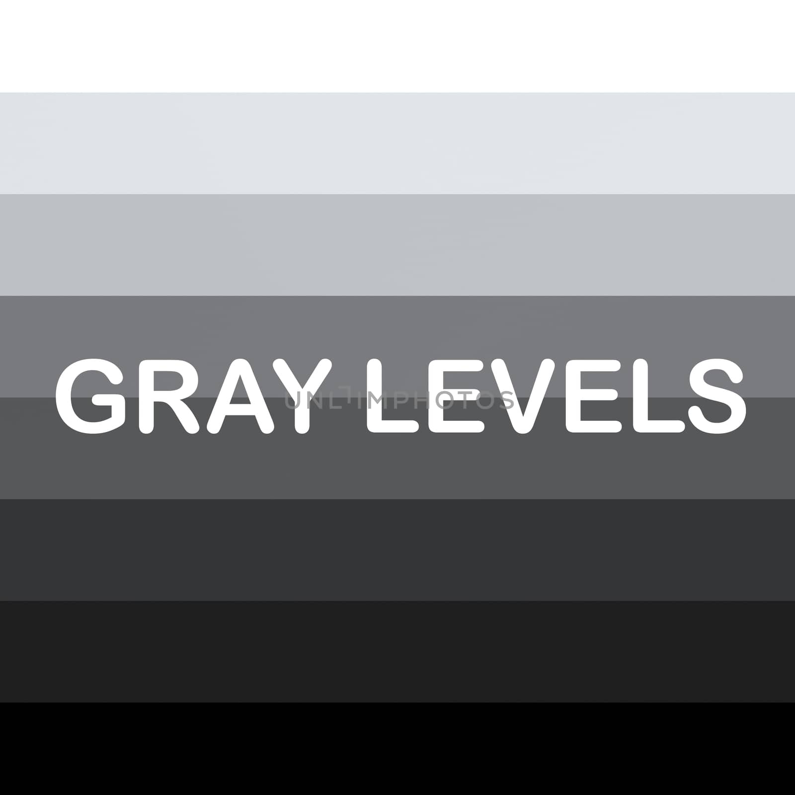 Render illustration of GRAY LEVELS title, over background composed of 8 various strips dislpaying gradualy change from white to black. 