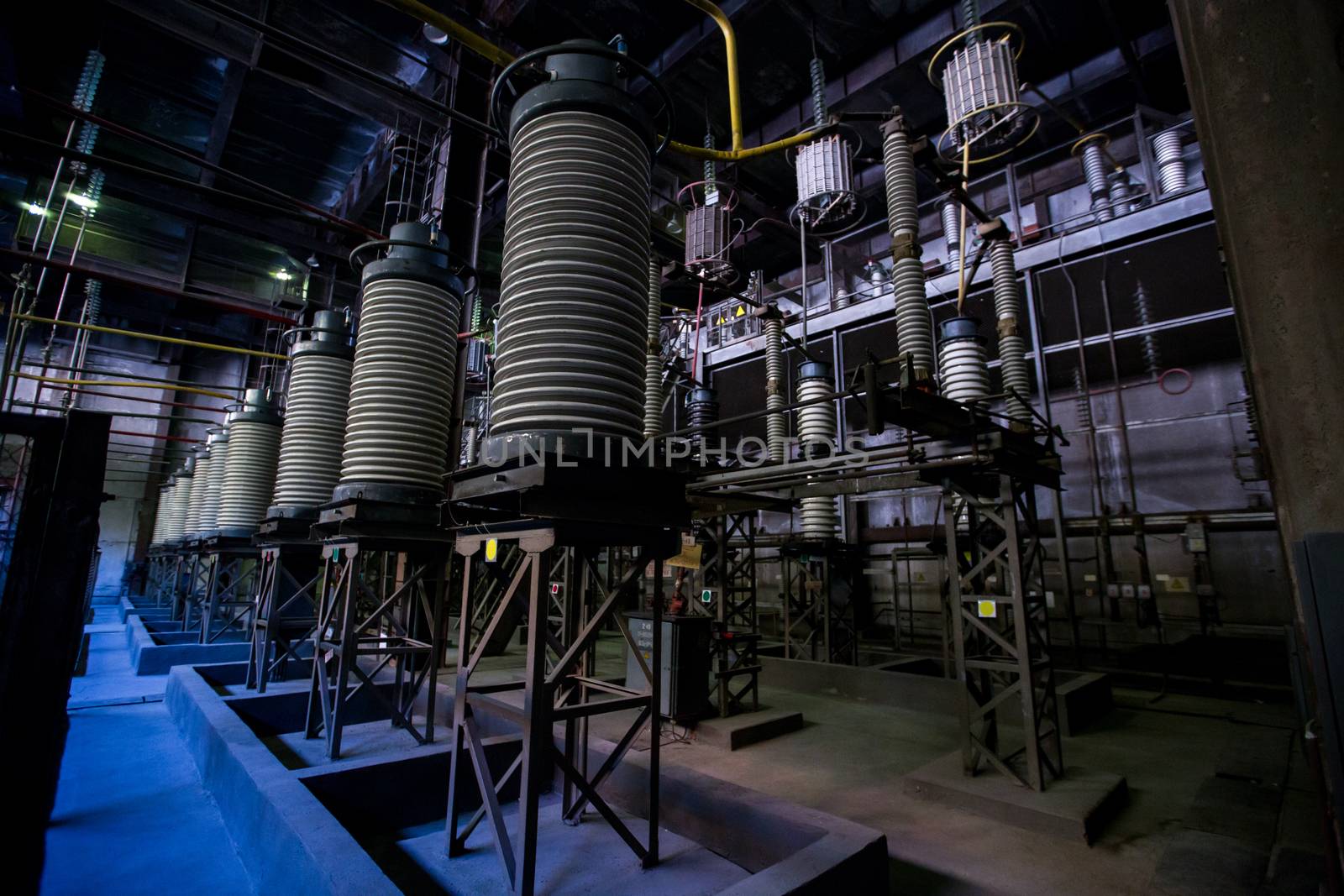 Open switchgear at the Kolymskaya HPP. Electrical fuses in a hydroelectric power plant by PrimDiscovery