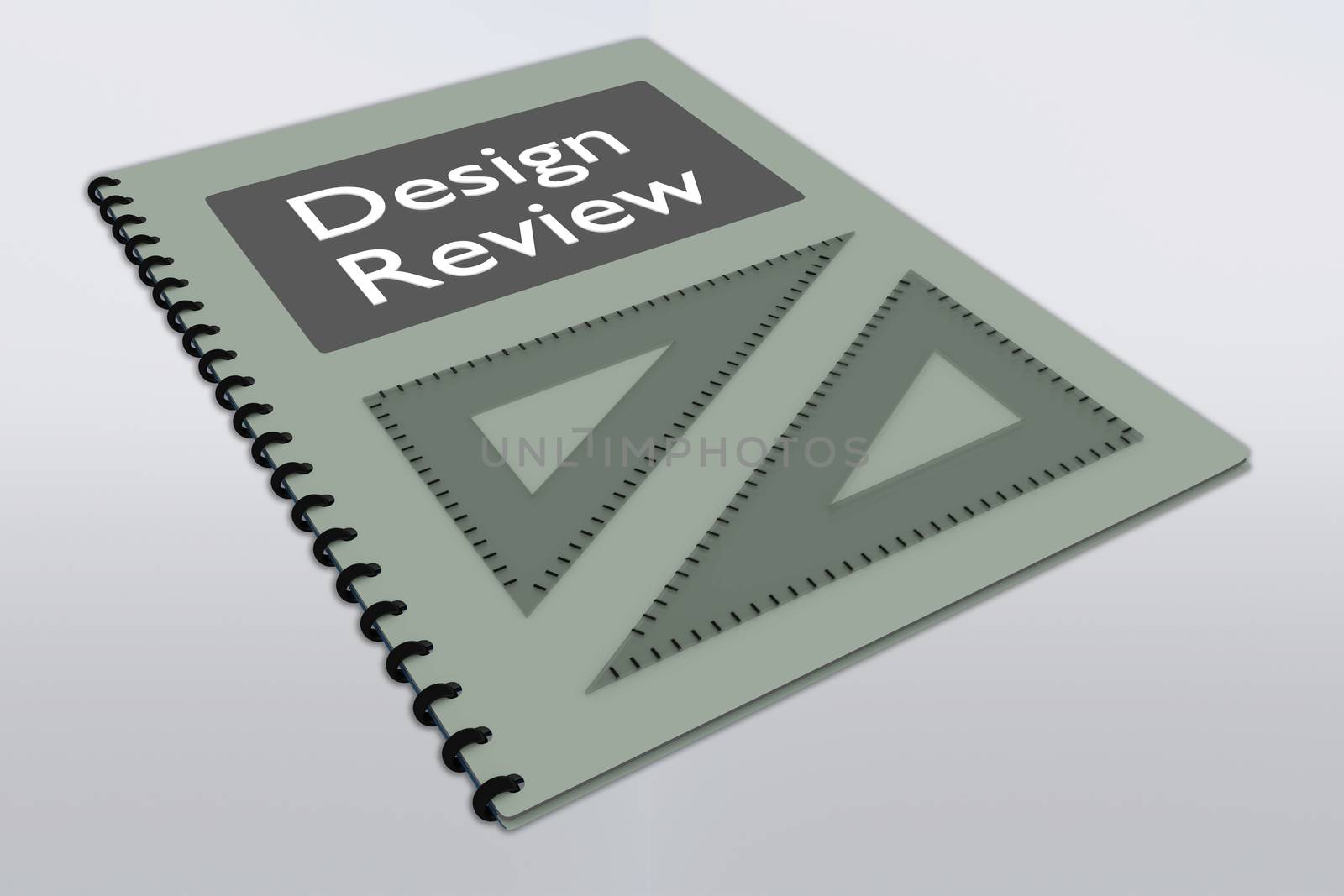 3D illustration of Design Review script on a booklet along with two triangle rulers, isolated over gray gradient.