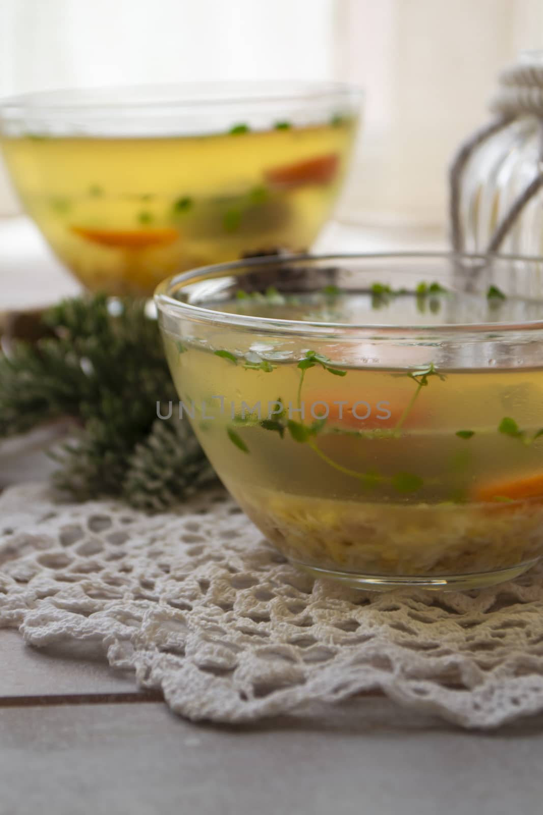 Aspic of fish in a transparent dish. Healthy home cooking of fish and seafood.