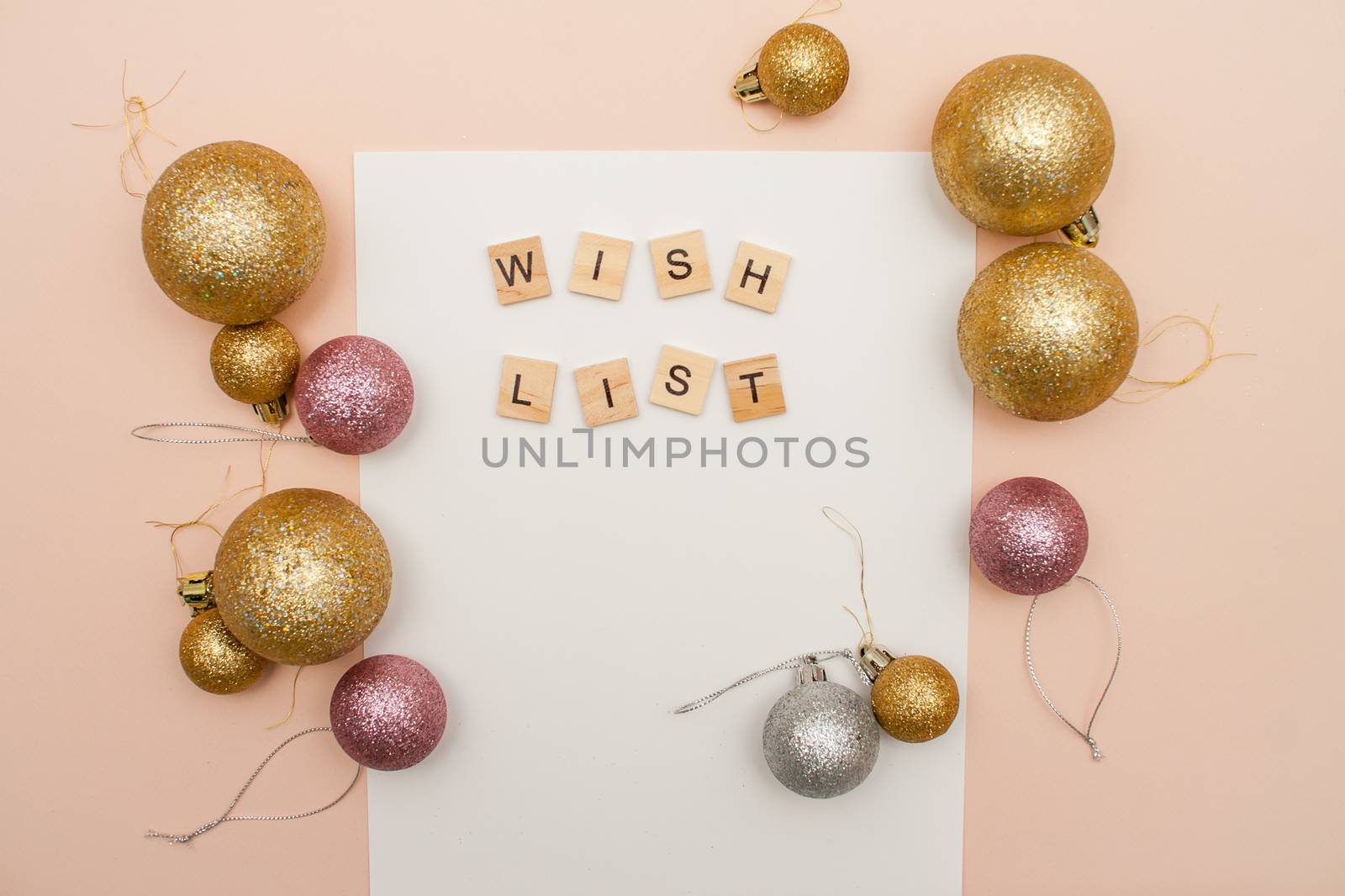 Inscription from wooden blocks wish list on a white blank sheet of paper. New Year's wish list. by malyshkamju