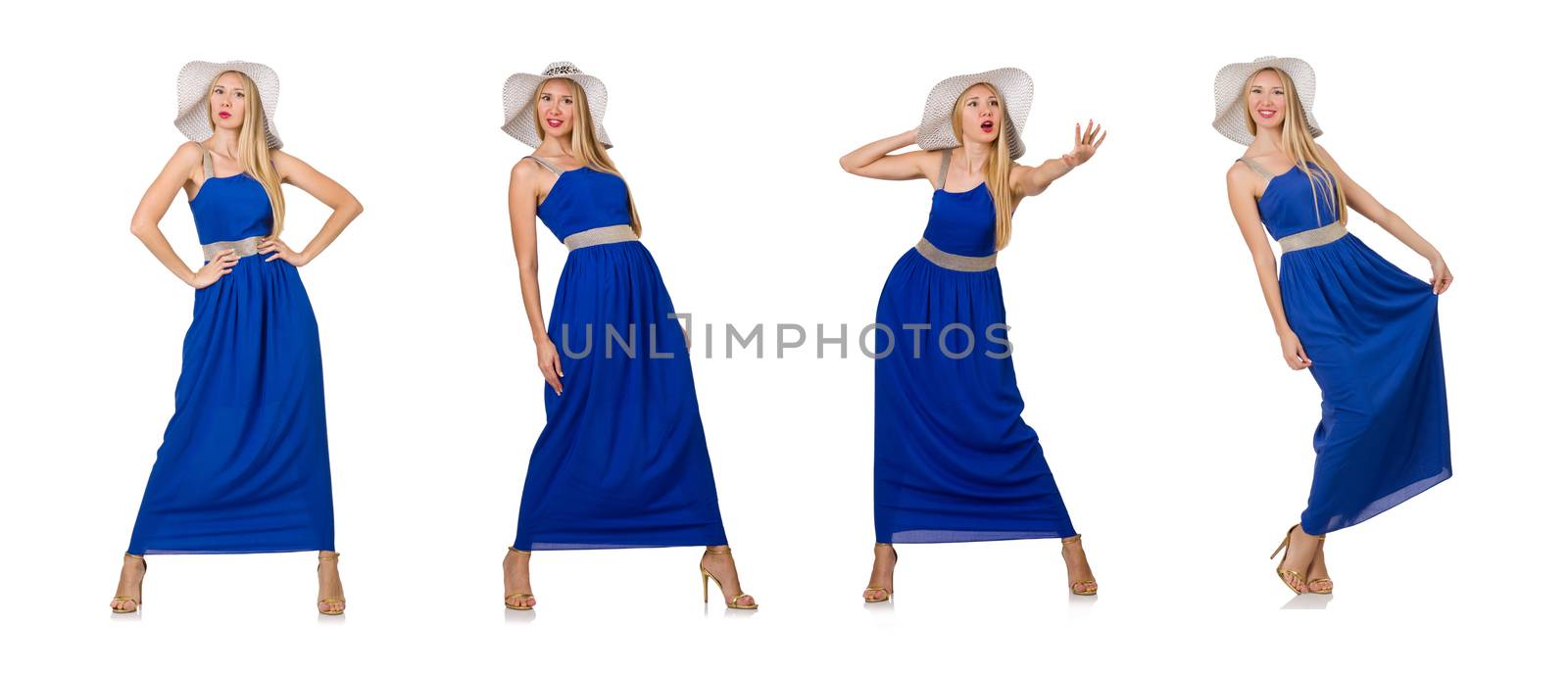 Beautiful woman in long blue dress isolated on white