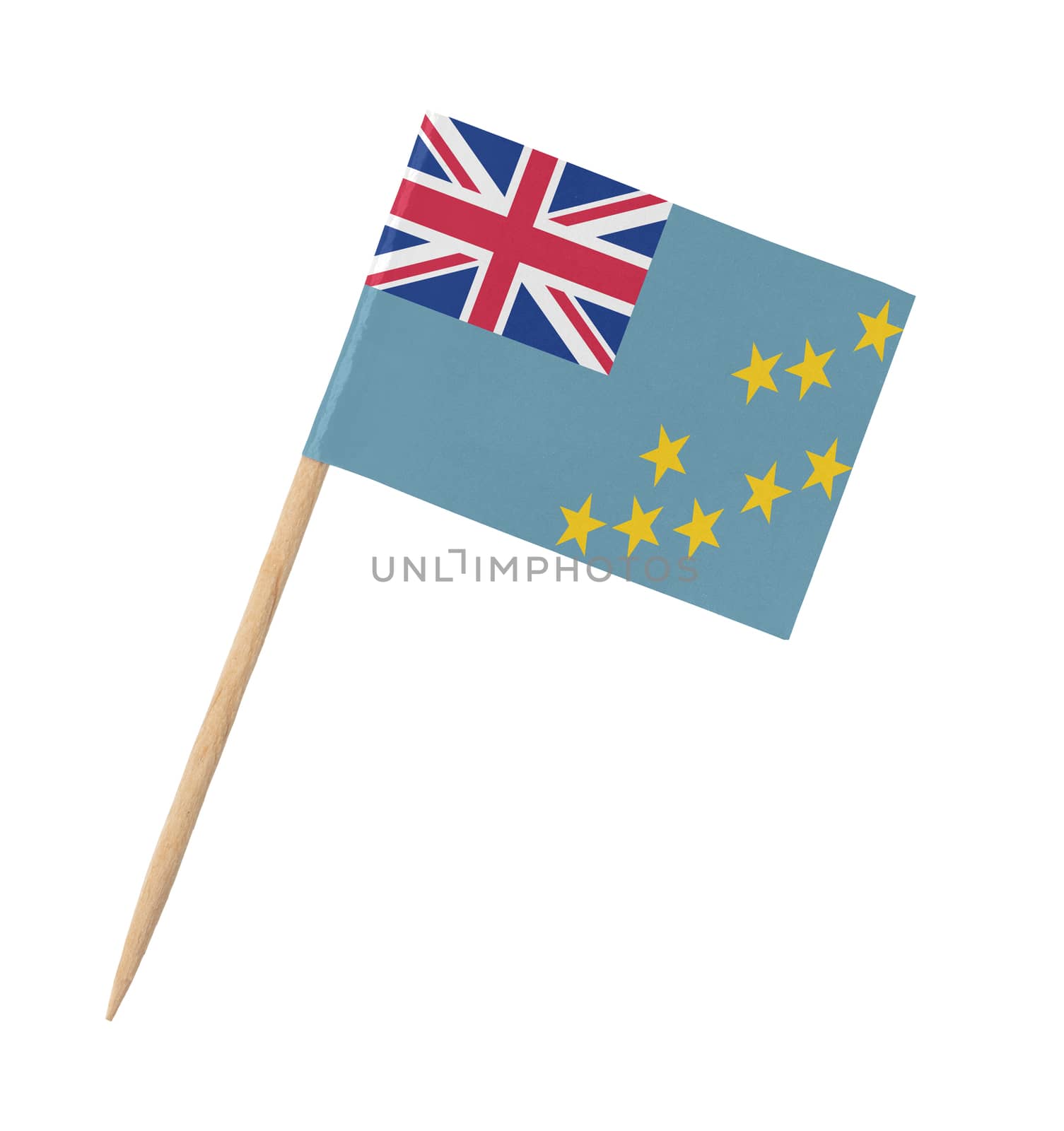 Small paper Tuvalu flag on wooden stick, isolated on white