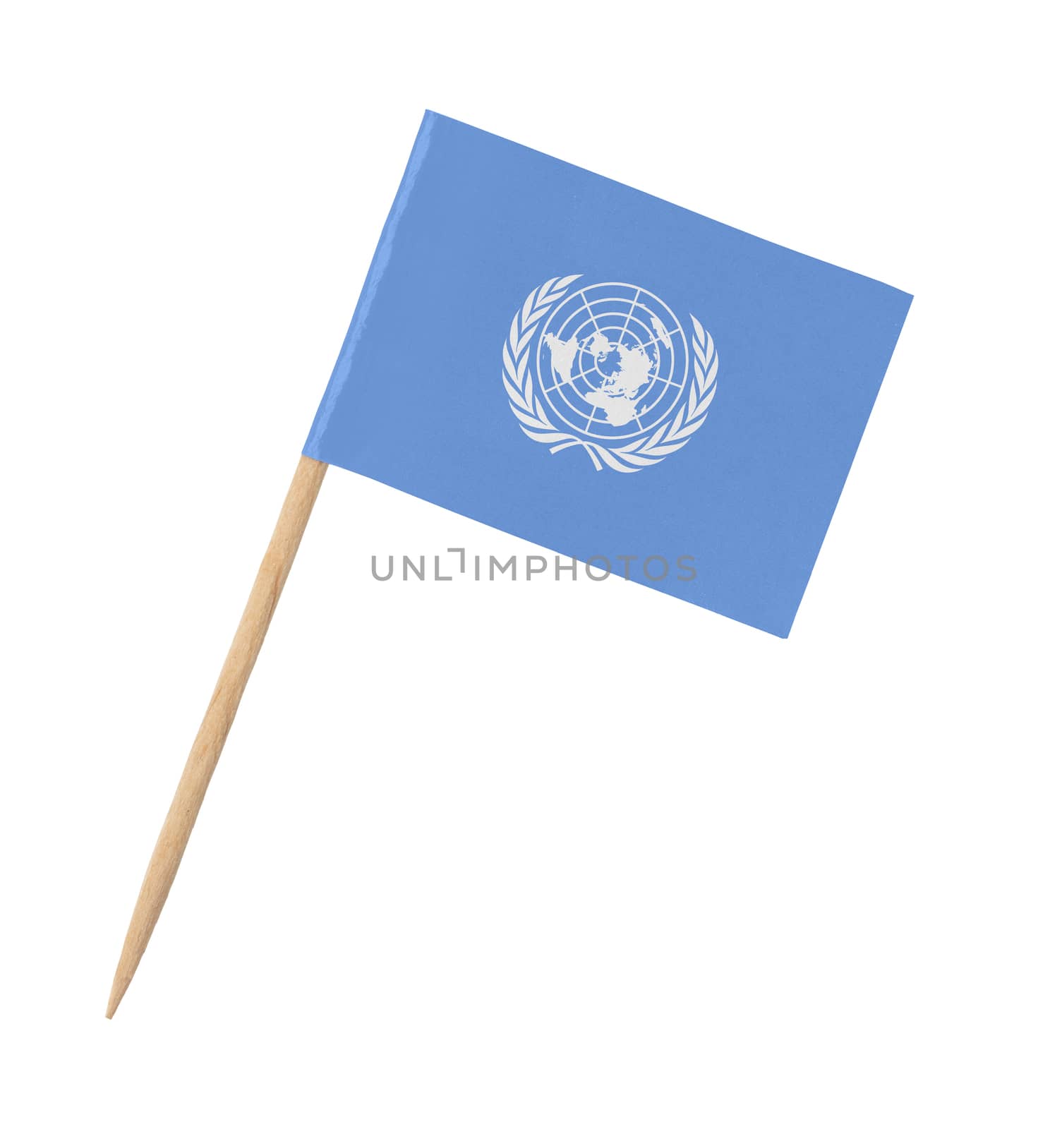 Small paper UN flag on wooden stick, isolated on white