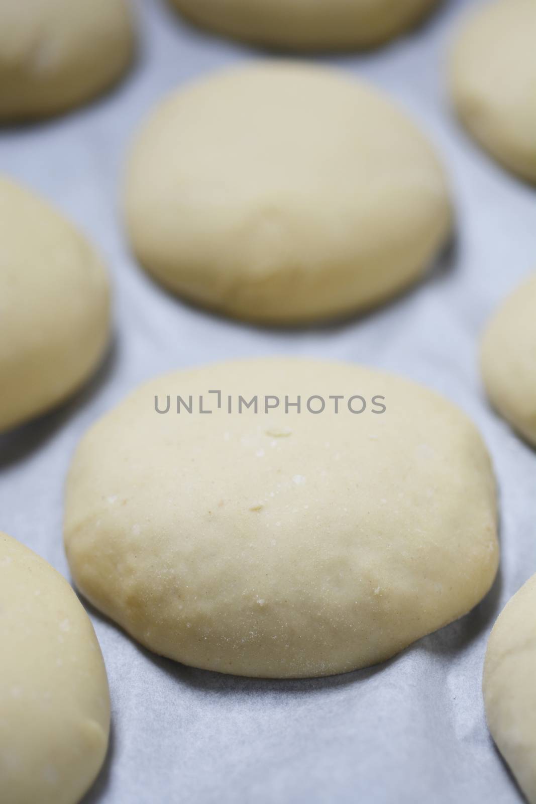 Close up of homemade raw hamburger buns