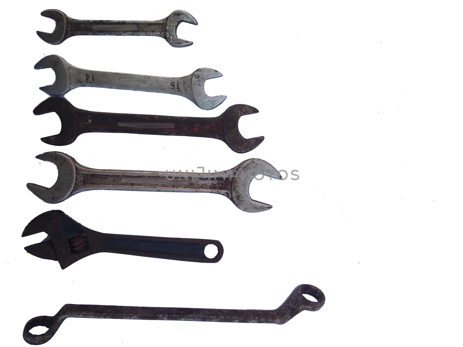 Various types of wrench and adjustable wrench isolated on white background.